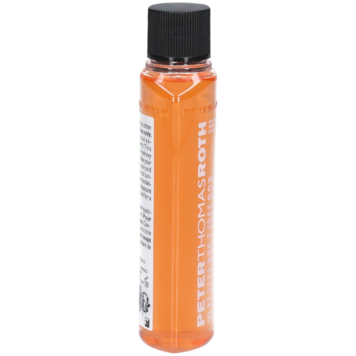 Gel Detergente Anti-Età Peter Thomas Roth, 57 ml. Vista laterale del flacone di gel arancione.