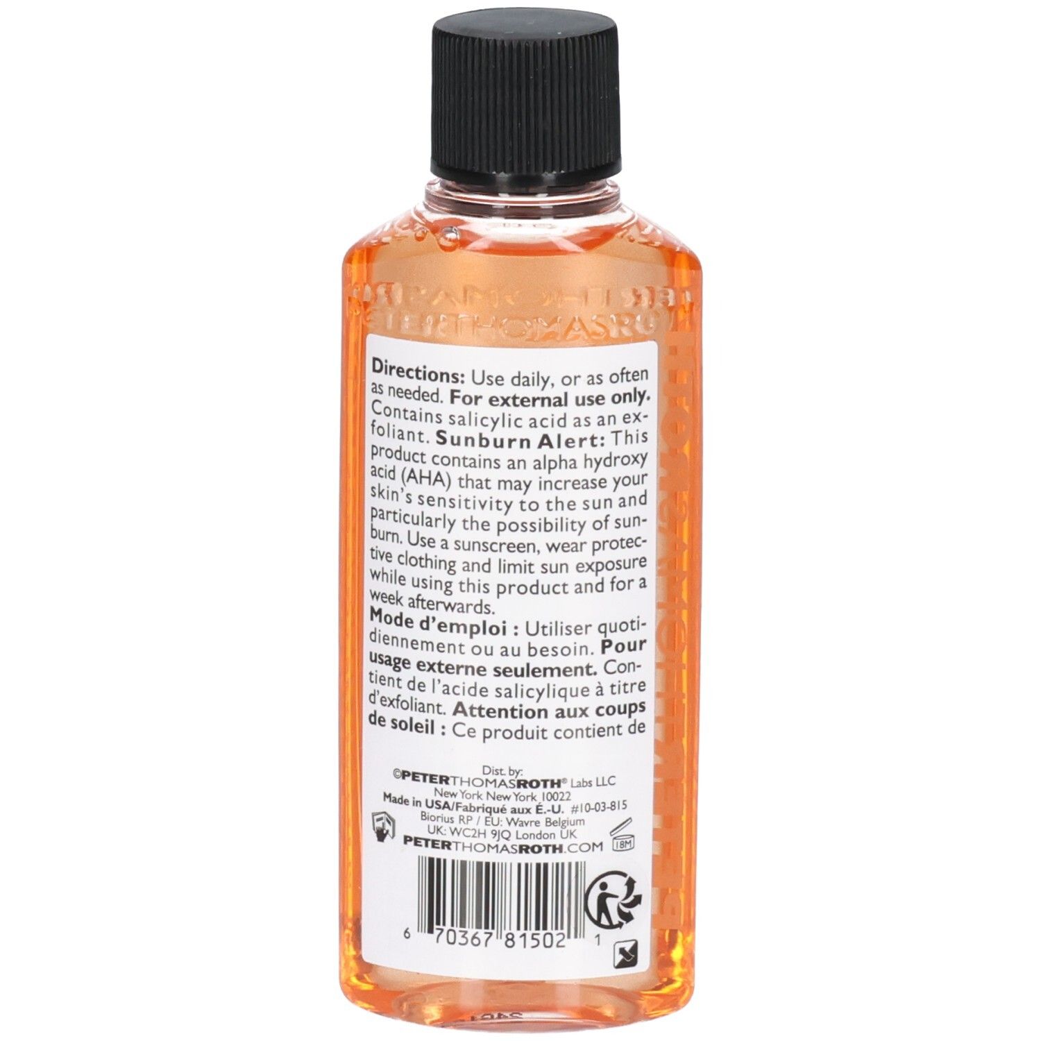 Gel Detergente Anti-Età Peter Thomas Roth, 57 ml. Retro del flacone con istruzioni per l'uso.