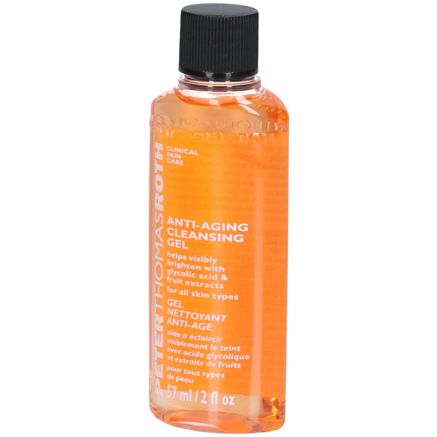Gel Detergente Anti-Età Peter Thomas Roth, 57 ml. Gel arancione in flacone trasparente con tappo nero.