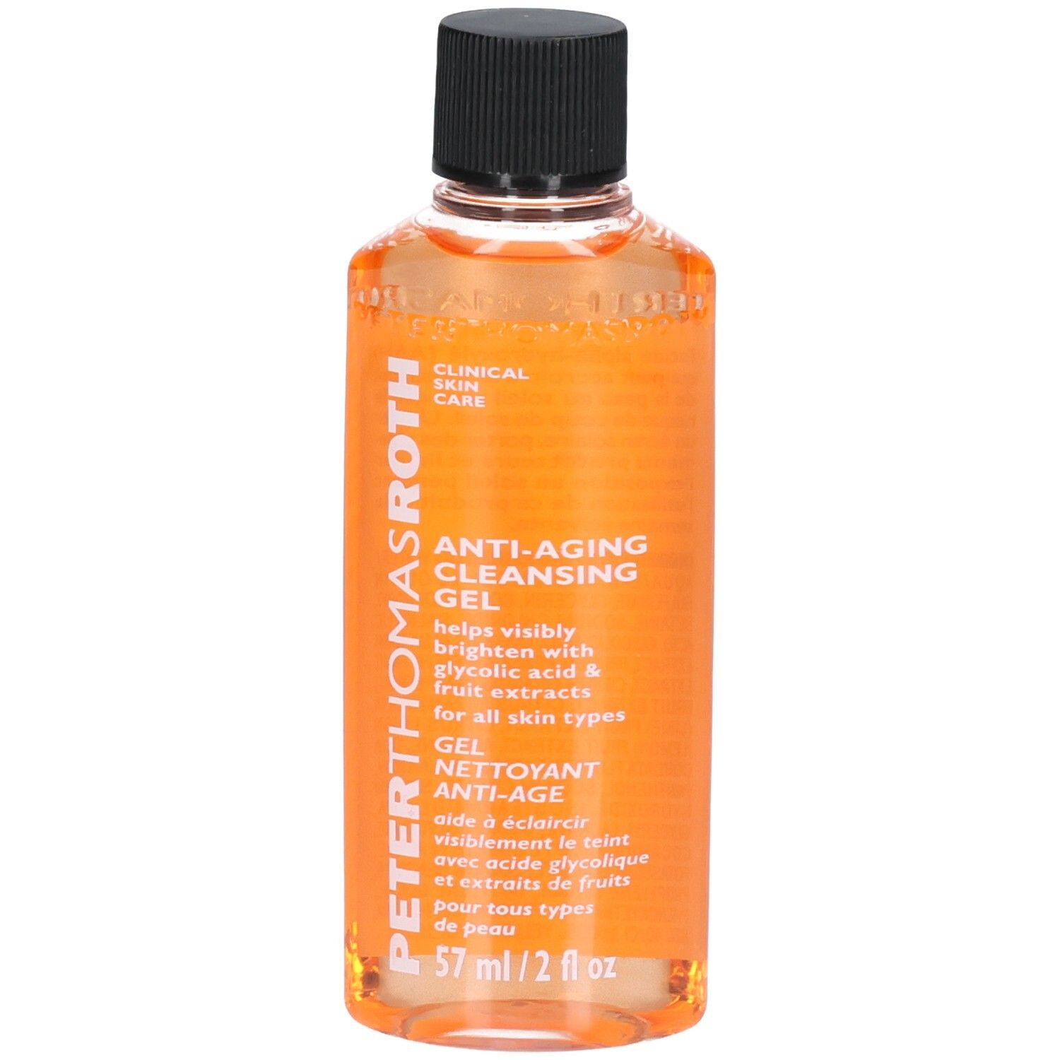 Gel Detergente Anti-Età Peter Thomas Roth, 57 ml. Gel arancione in flacone trasparente con tappo nero.