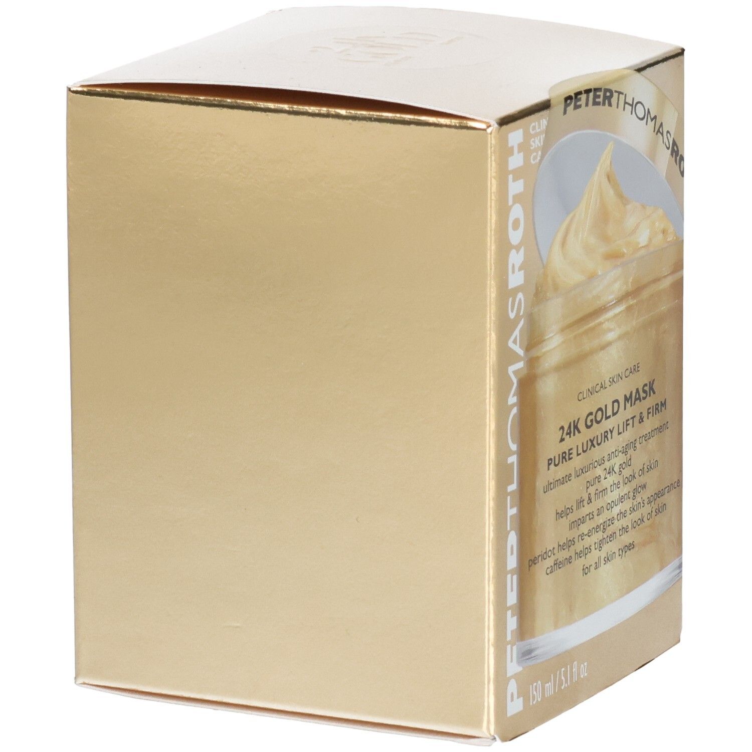 Confezione dorata della Maschera 24K Gold di Peter Thomas Roth, vista laterale.
