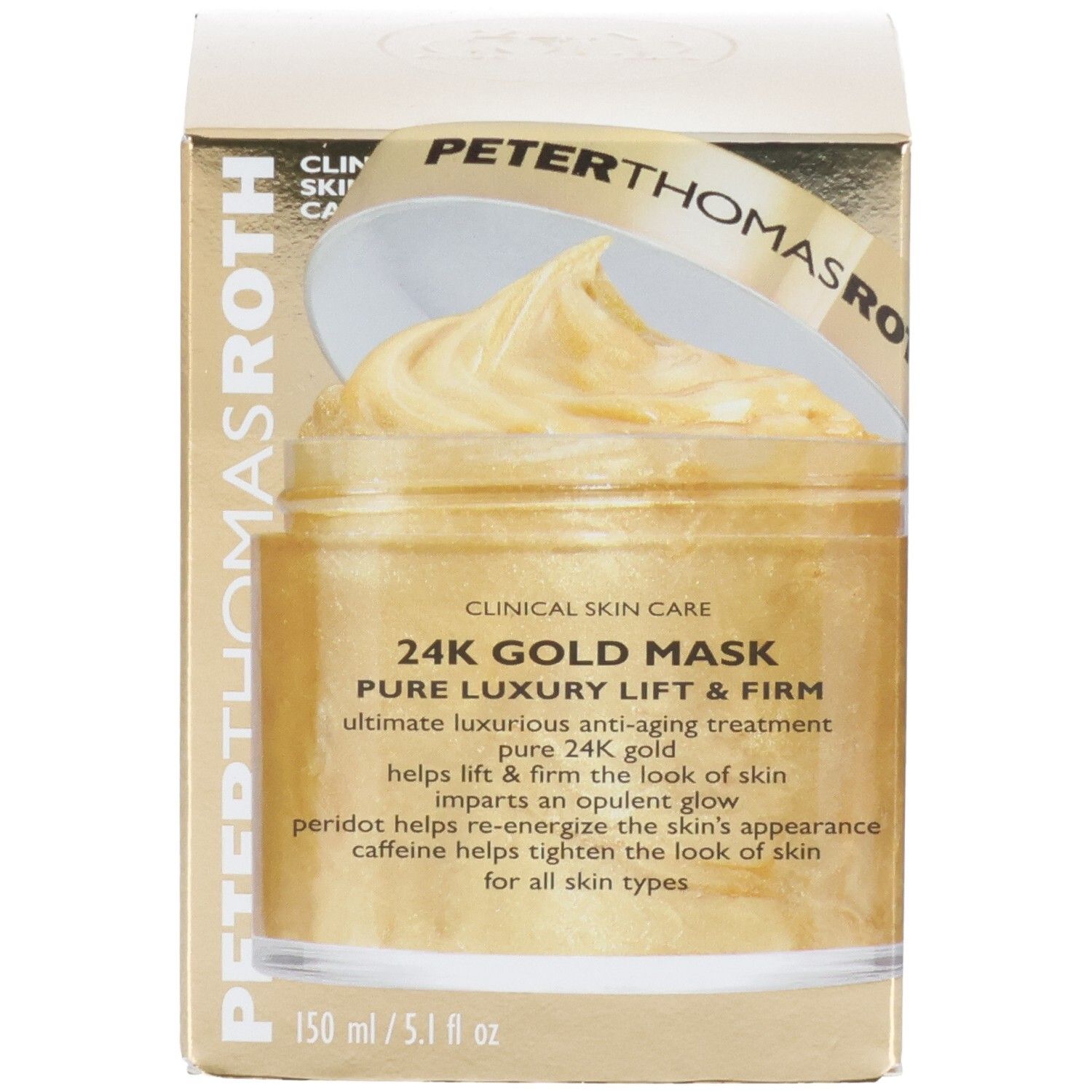 Maschera 24K Gold di Peter Thomas Roth: Maschera viso dorata in un vasetto, confezionata in una scatola dorata.