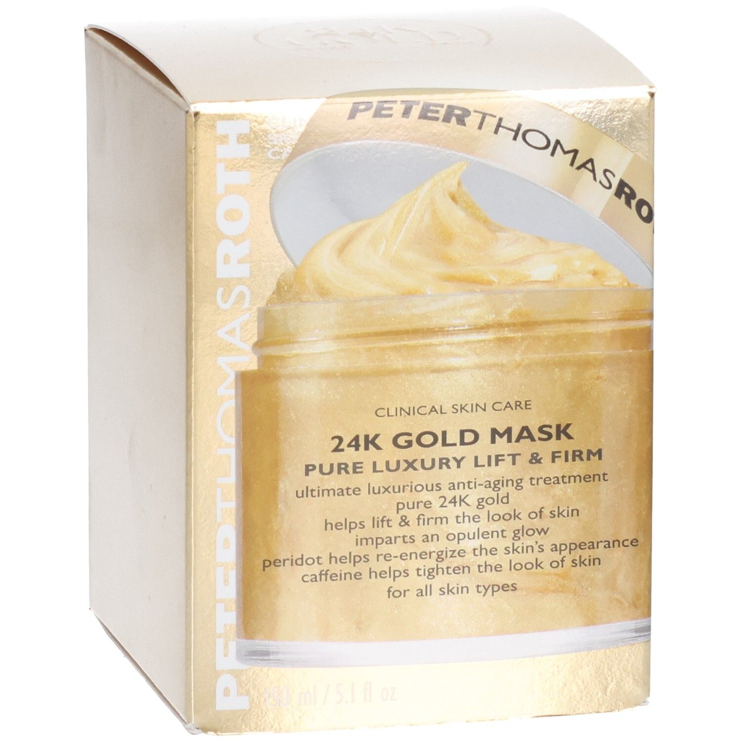 Maschera 24K Gold di Peter Thomas Roth: Maschera viso dorata in un vasetto, confezionata in una scatola dorata.
