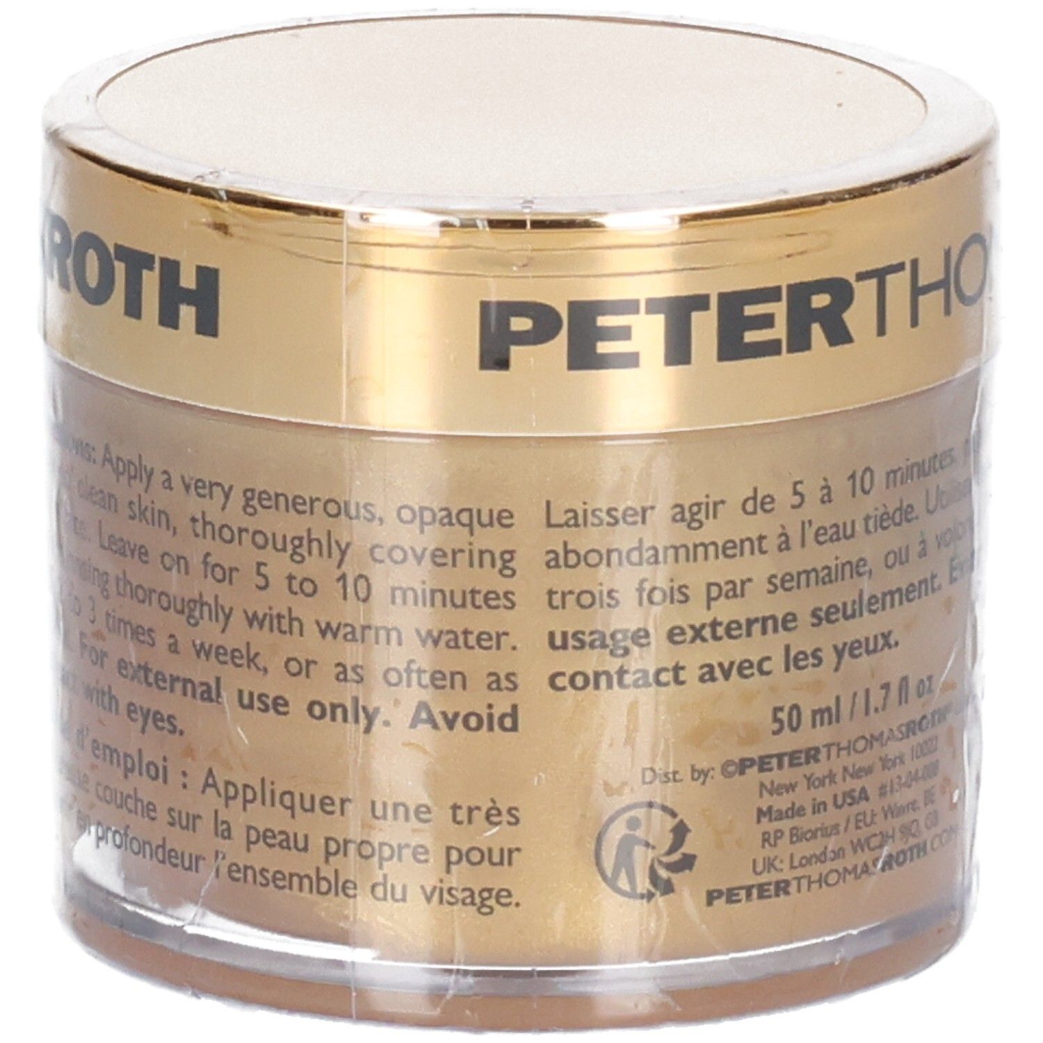 Maschera all'Oro 24K Peter Thomas Roth: vista laterale con istruzioni multilingue.