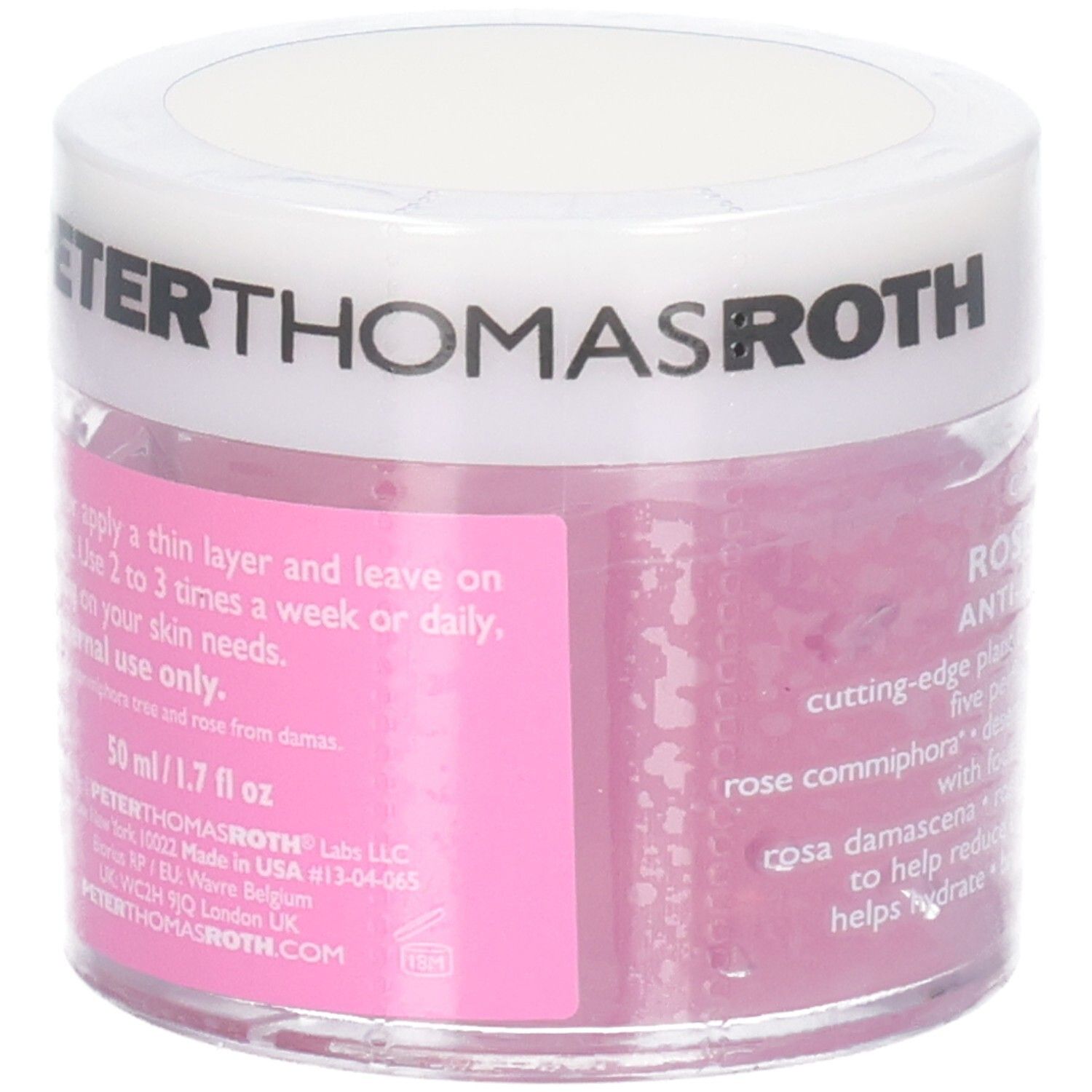 Peter Thomas Roth Rose Stem Cell Anti-Aging Gel Mask, 50 ml. Retro del barattolo con istruzioni per l'uso e informazioni sul prodotto.