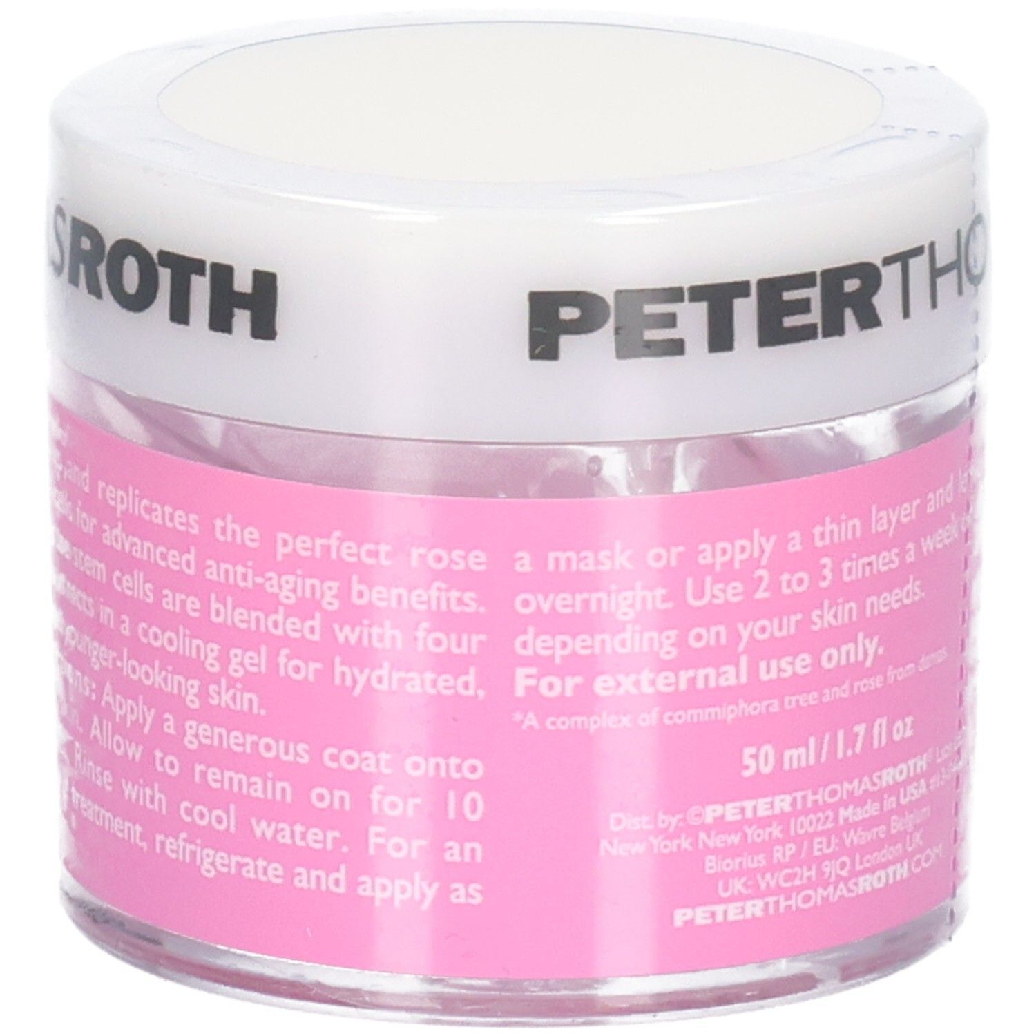Peter Thomas Roth Rose Stem Cell Anti-Aging Gel Mask, 50 ml. Vista laterale del barattolo con istruzioni per l'uso.