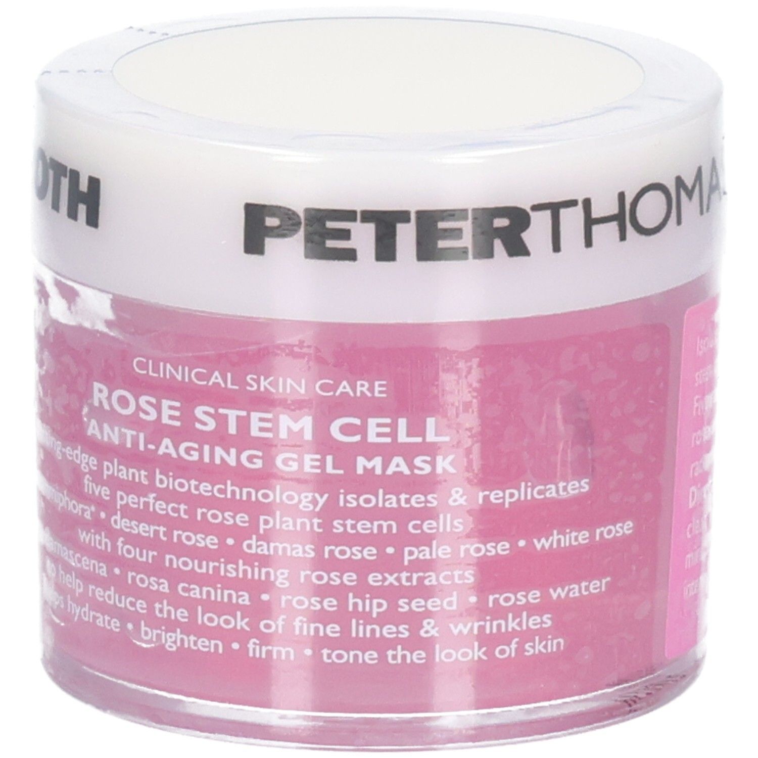 Peter Thomas Roth Rose Stem Cell Anti-Aging Gel Mask, 50 ml. Vista frontale del barattolo con etichetta che descrive ingredienti e benefici.