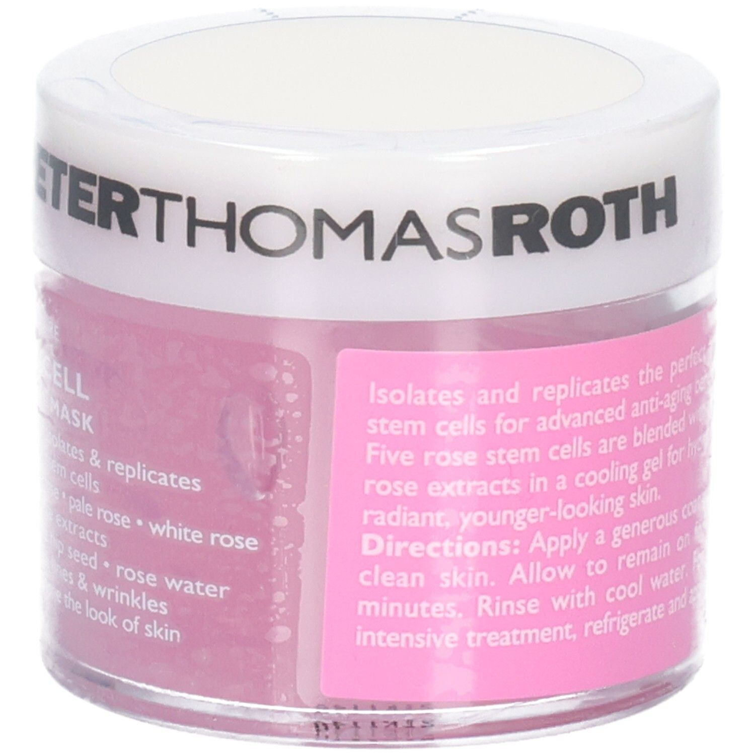 Peter Thomas Roth Rose Stem Cell Anti-Aging Gel Mask, 50 ml. Vista laterale del barattolo con etichetta contenente le istruzioni per l'uso.