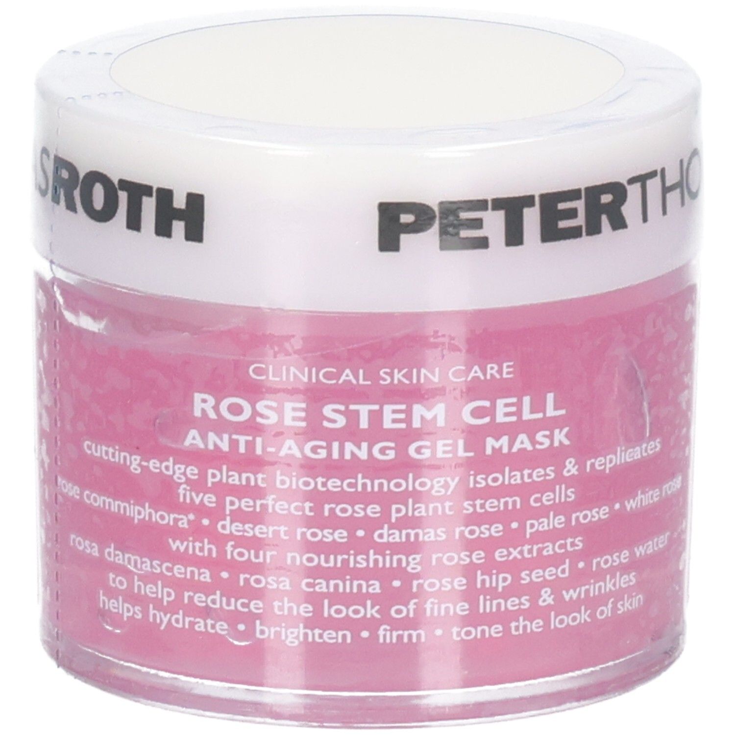 Peter Thomas Roth Rose Stem Cell Anti-Aging Gel Mask, 50 ml. Primo piano del barattolo con etichetta che mostra le informazioni sul prodotto.