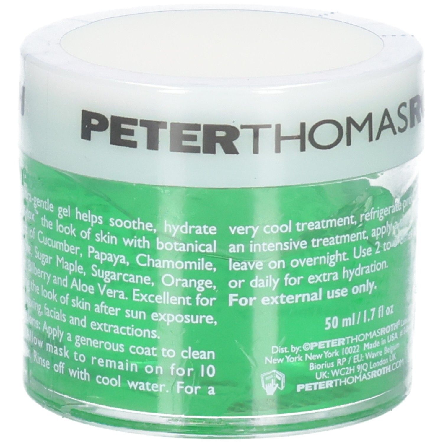 Peter Thomas Roth Cucumber Gel Mask, gel lenitivo per pelli secche, con estratti di frutta e piante.