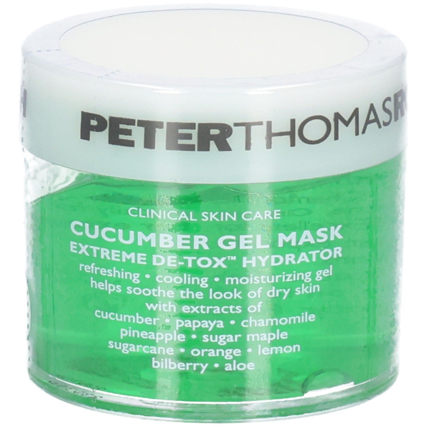 Maschera Gel Cetriolo Peter Thomas Roth Extreme De-Tox Hydrator. Gel rinfrescante, idratante, detox con estratti di cetriolo, papaya, camomilla.