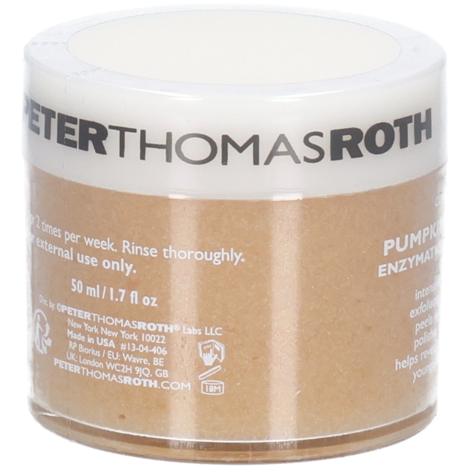 Maschera alla zucca Peter Thomas Roth, 50ml. Contiene ingredienti come enzima di zucca e acido alfa-idrossilico.