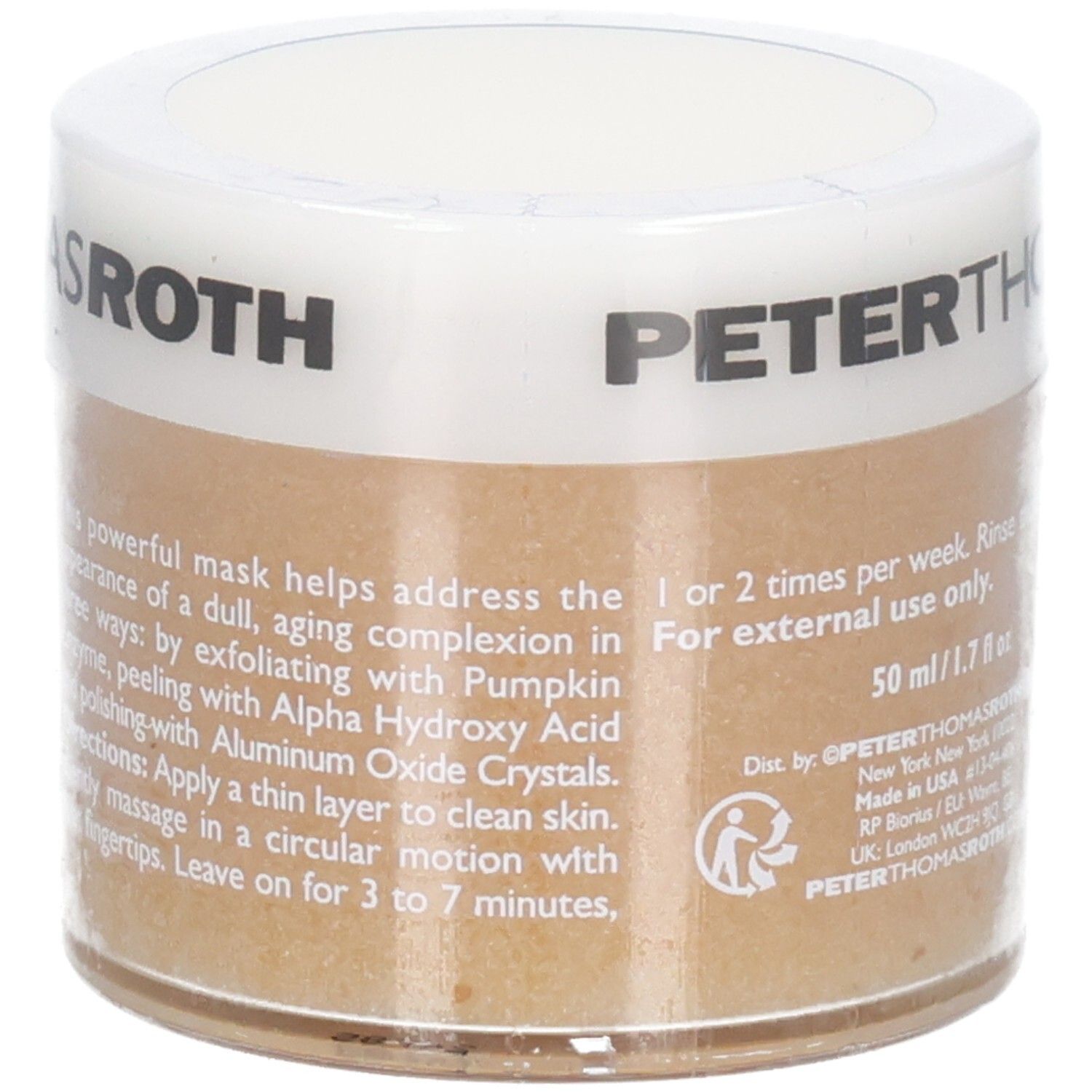 Maschera alla zucca Peter Thomas Roth, 50ml. Istruzioni: applicare uno strato sottile, massaggiare delicatamente, lasciare agire 3-7 minuti.