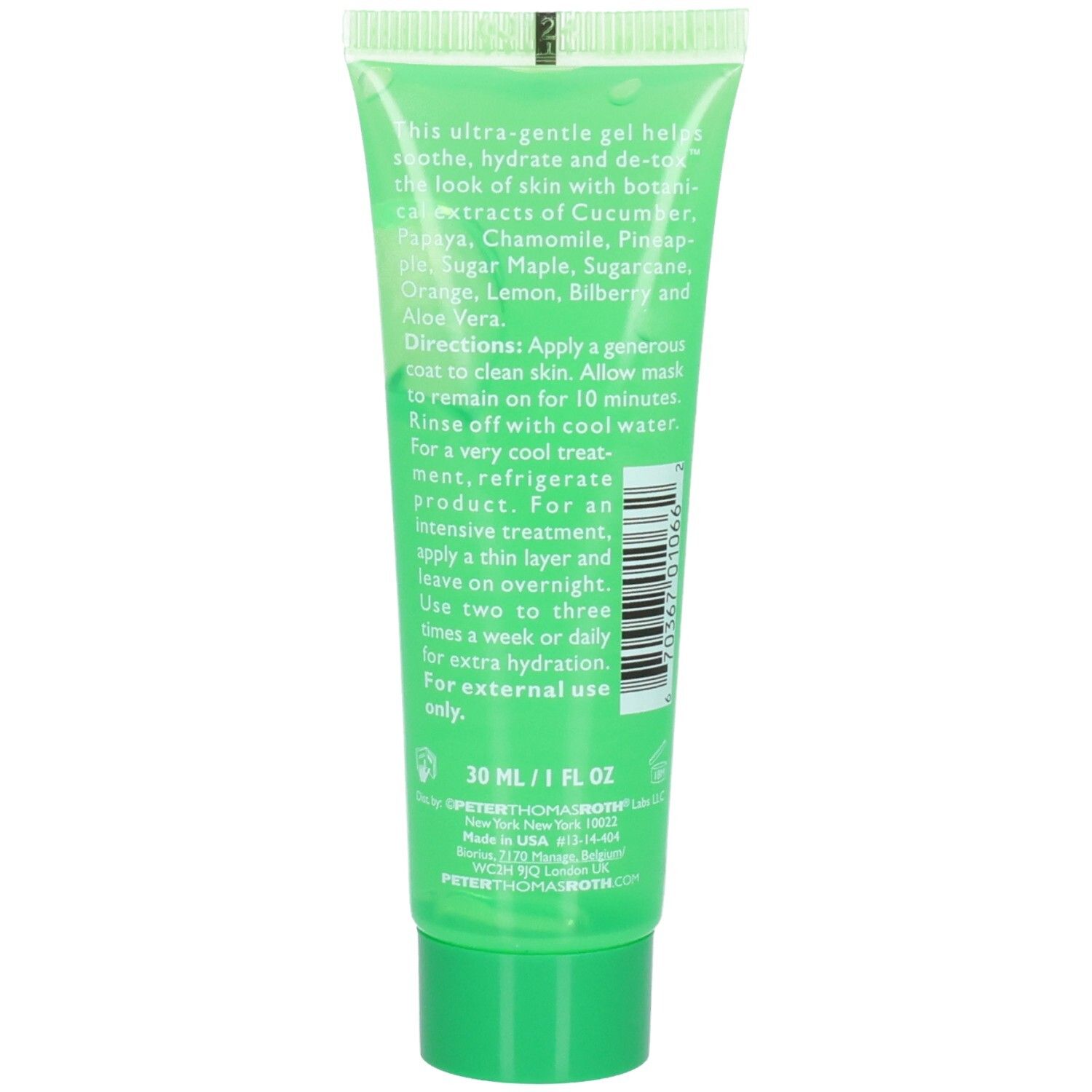 Retro del tubo Peter Thomas Roth Cucumber Gel Mask con istruzioni e ingredienti. 30 ml / 1 fl oz.