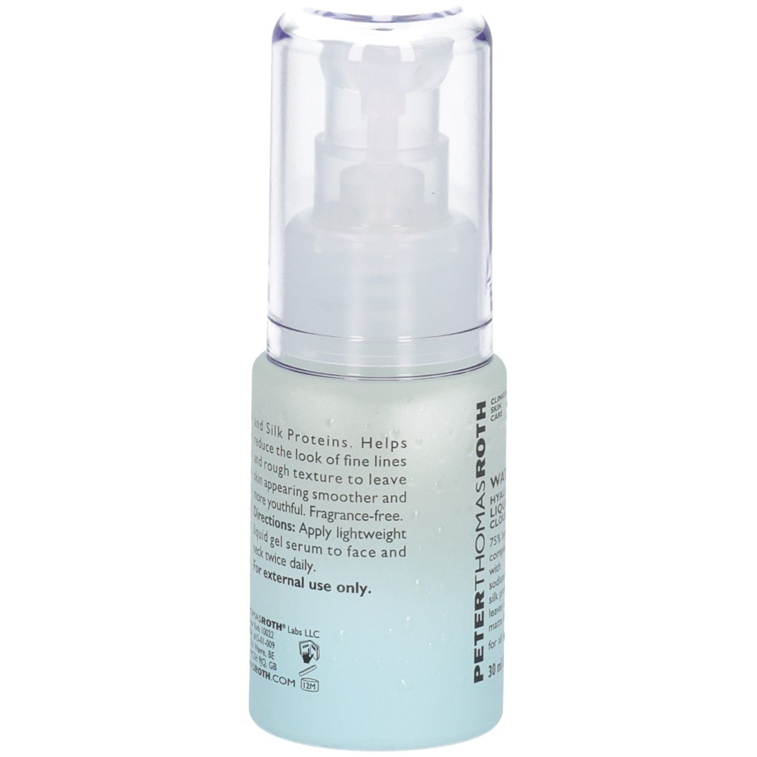 Retro del flacone del siero Peter Thomas Roth Water Drench con informazioni sul prodotto e istruzioni per l'uso.