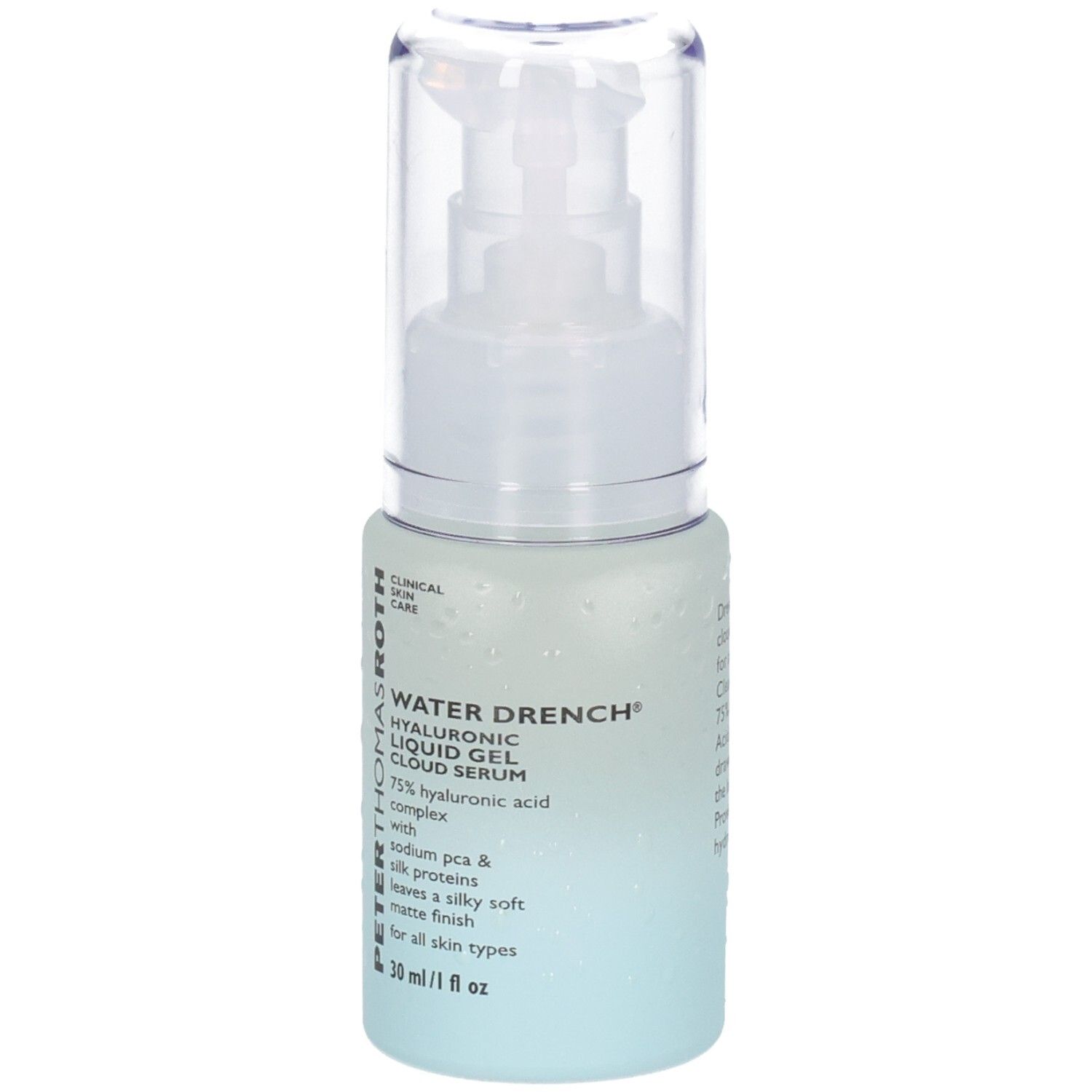 Siero Peter Thomas Roth Water Drench in flacone con erogatore, vista frontale. Flacone azzurro con etichetta bianca.