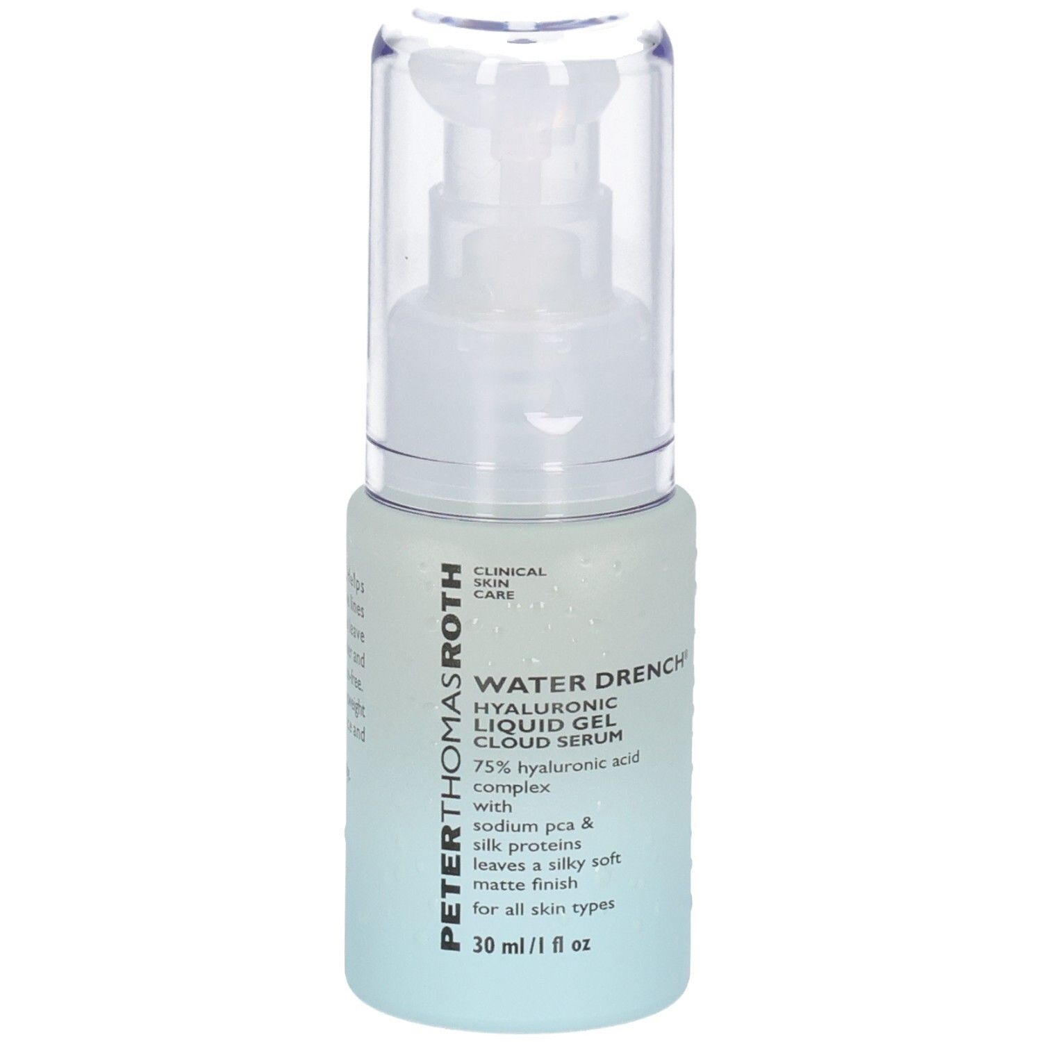 Flacone del siero Peter Thomas Roth Water Drench con etichetta che indica '75% Hyaluronic Acid Complex'.