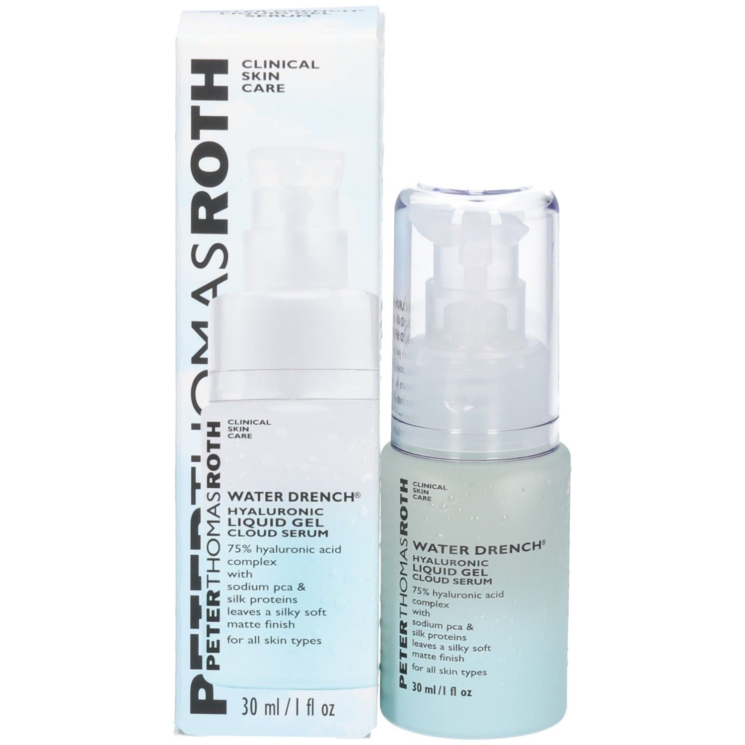 Siero Peter Thomas Roth Water Drench e la sua scatola di imballaggio uno accanto all'altro. Entrambi mostrano il logo e i dettagli del prodotto.