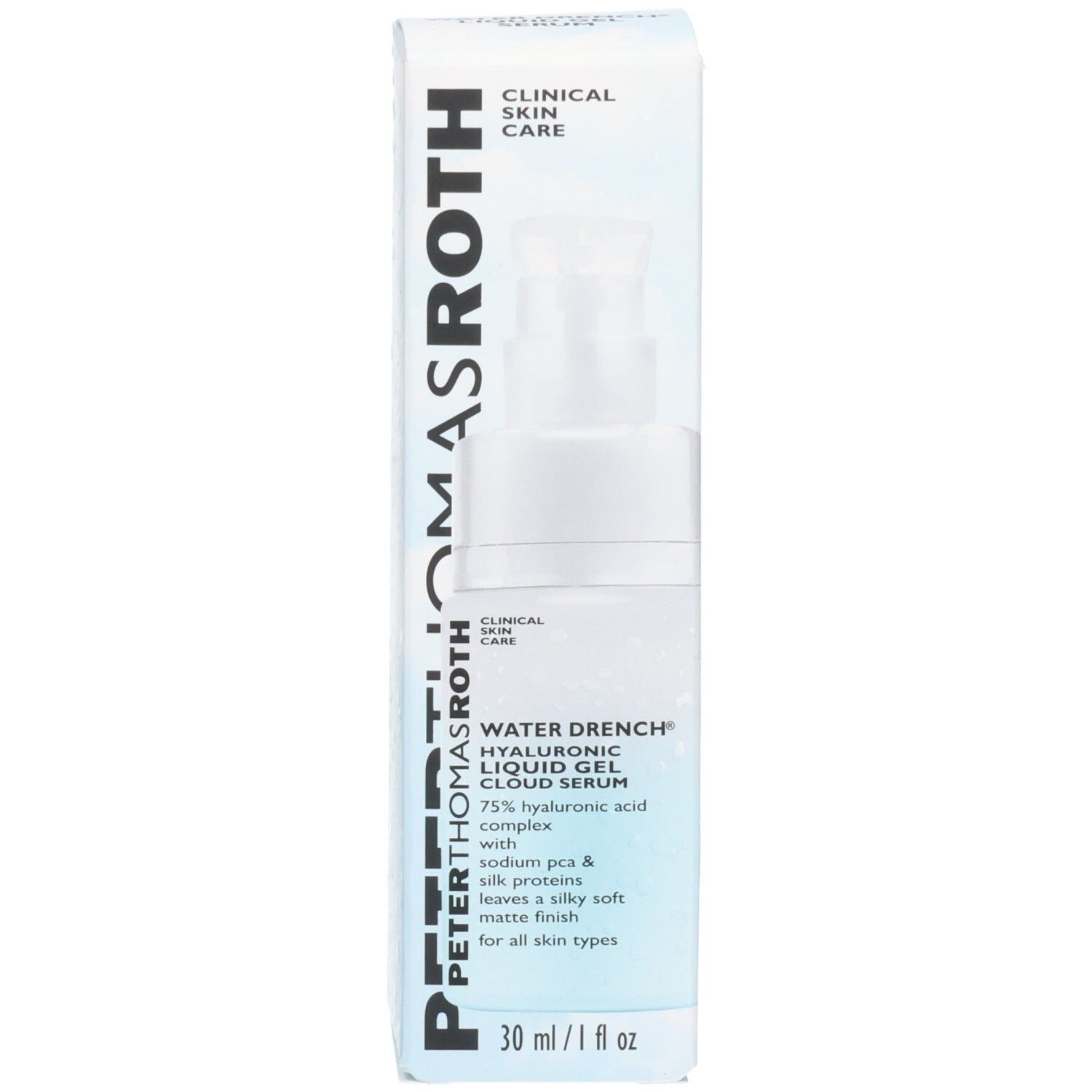 Scatola di imballaggio per il siero Peter Thomas Roth Water Drench. Mostra il logo del marchio, il nome del prodotto e gli ingredienti chiave.