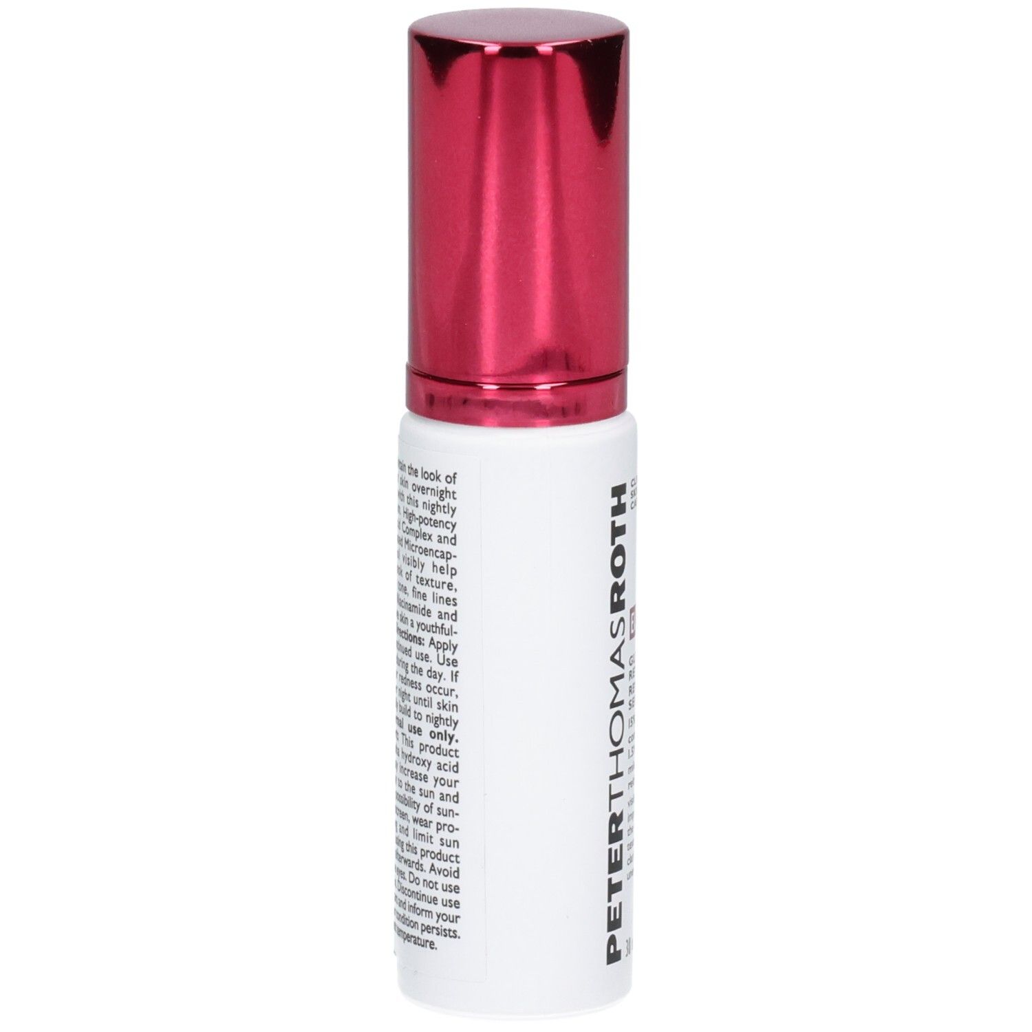 Retro del flacone di siero Peter Thomas Roth Even Smoother Glycolic Retinol con istruzioni.