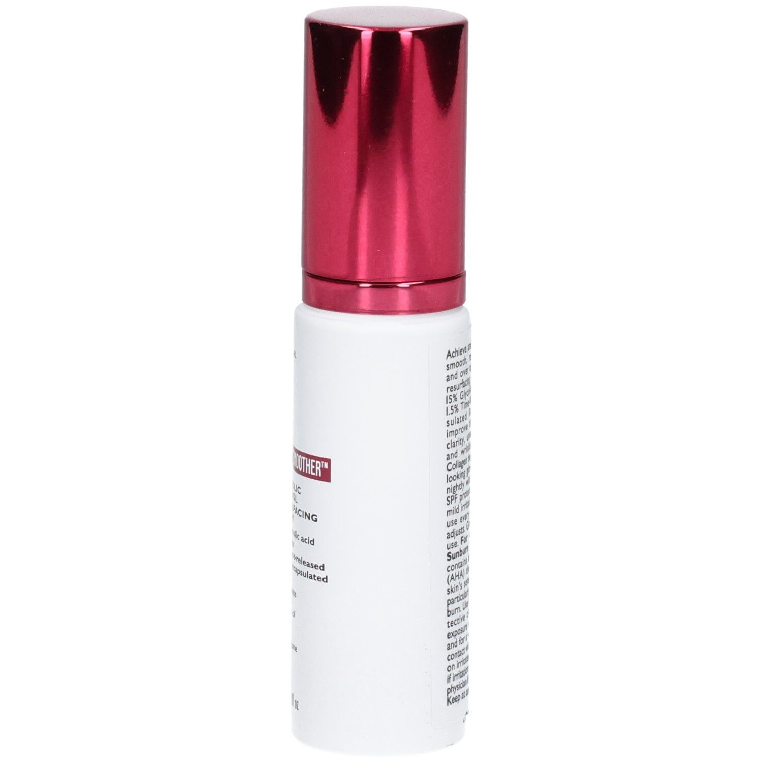 Vista laterale del flacone di siero Peter Thomas Roth Even Smoother Glycolic Retinol con erogatore rosso.