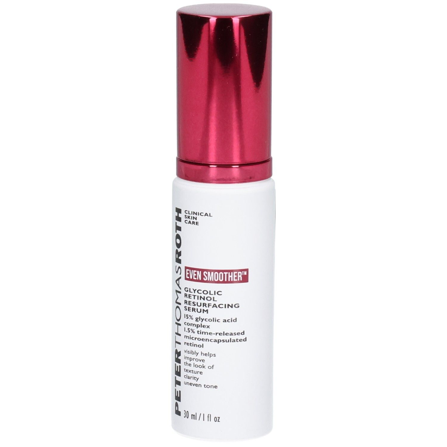 Flacone di siero Peter Thomas Roth Even Smoother Glycolic Retinol con erogatore rosso, vista frontale.