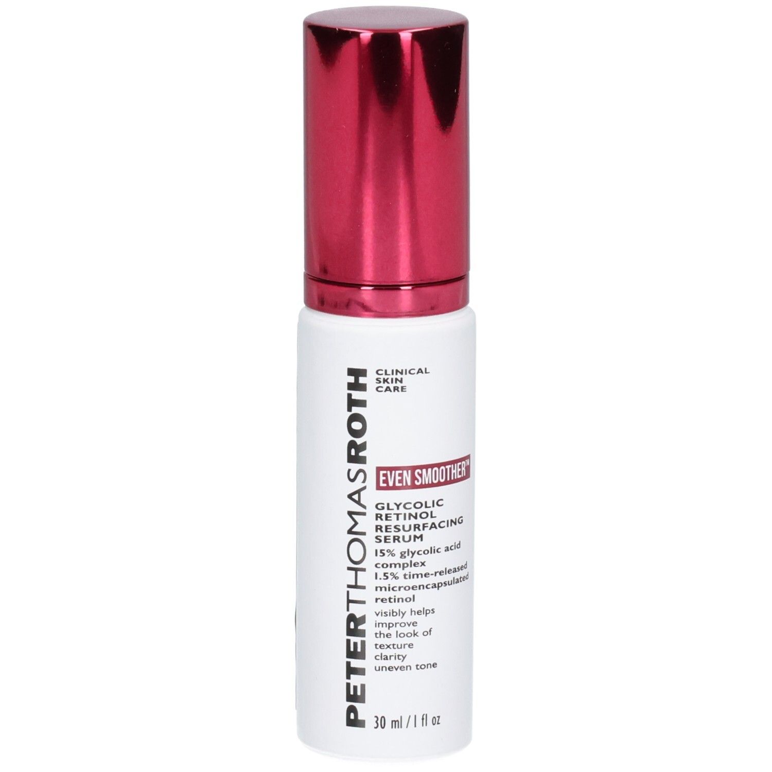 Flacone di siero Peter Thomas Roth Even Smoother Glycolic Retinol con erogatore rosso, leggermente angolato.