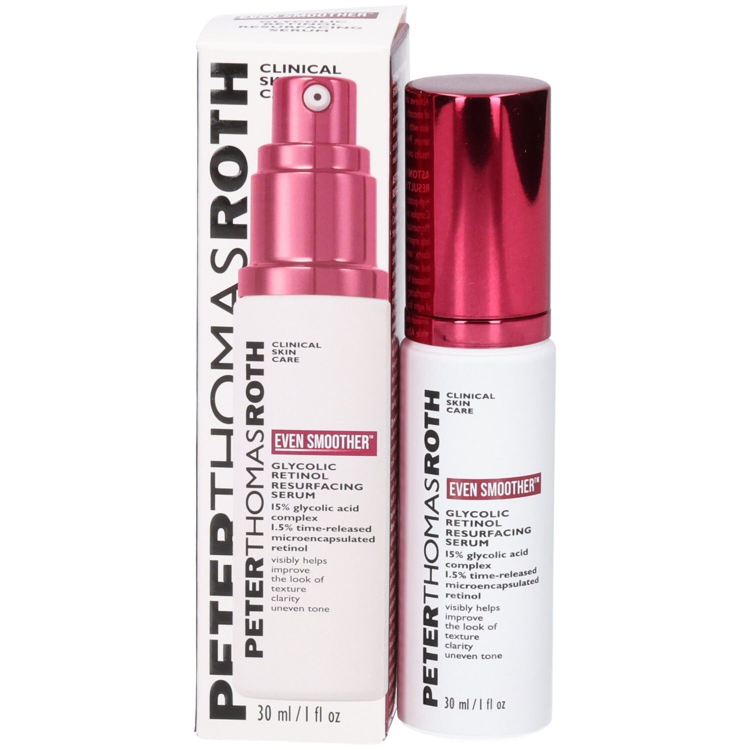 Flacone di siero Peter Thomas Roth Even Smoother Glycolic Retinol e scatola.