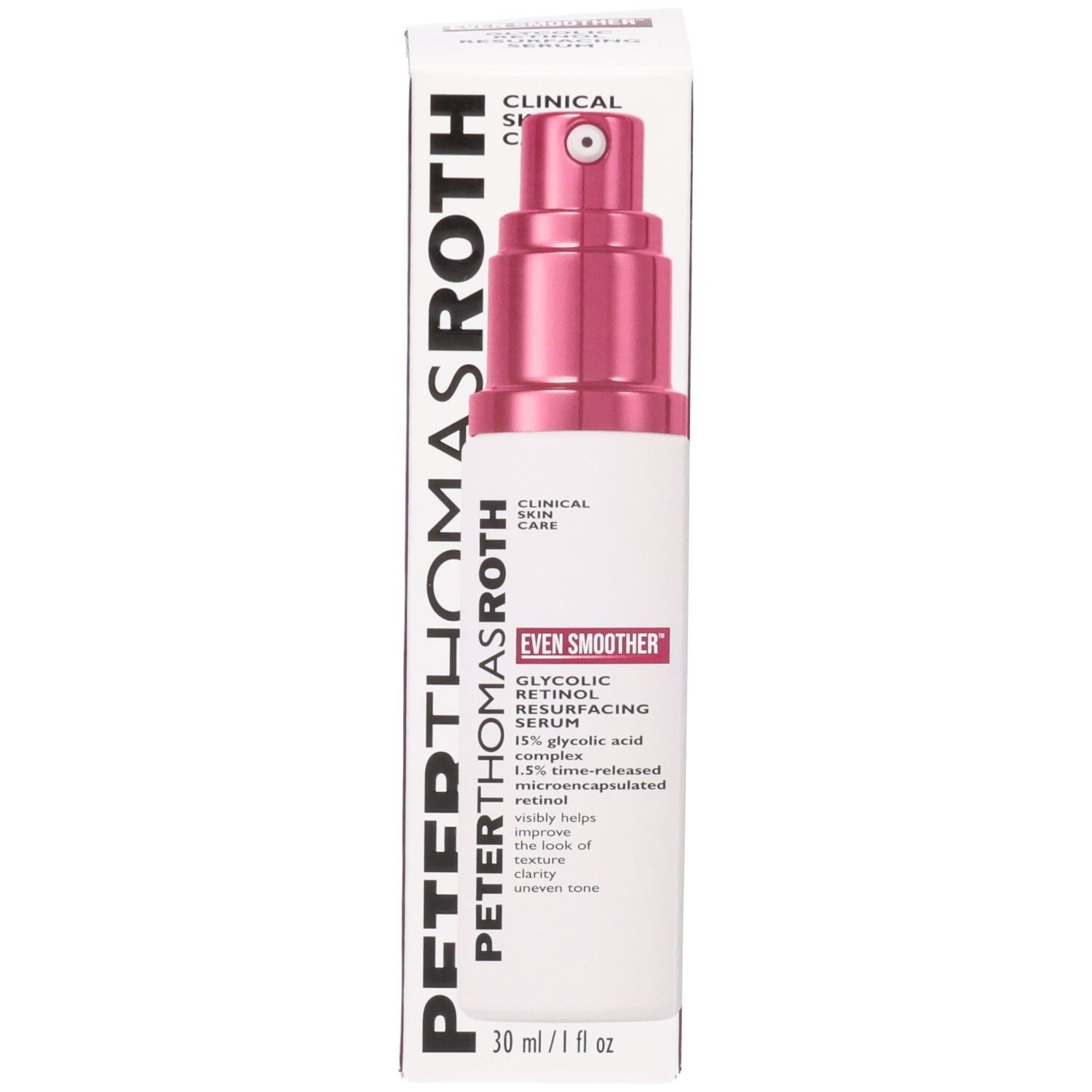 Flacone di siero Peter Thomas Roth Even Smoother Glycolic Retinol accanto alla scatola.