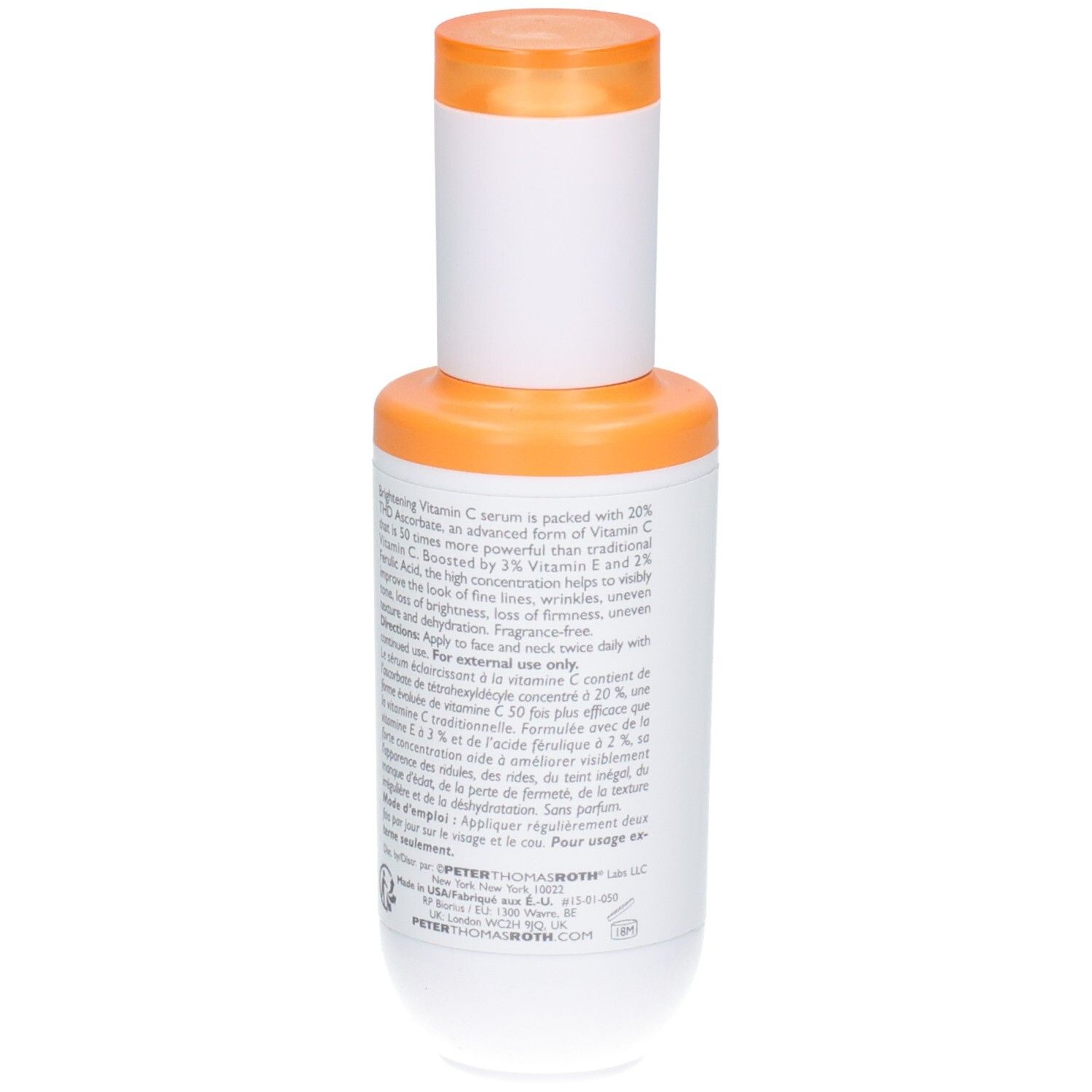 Flacone Peter Thomas Roth Potent C Power Serum, vista posteriore con informazioni prodotto.