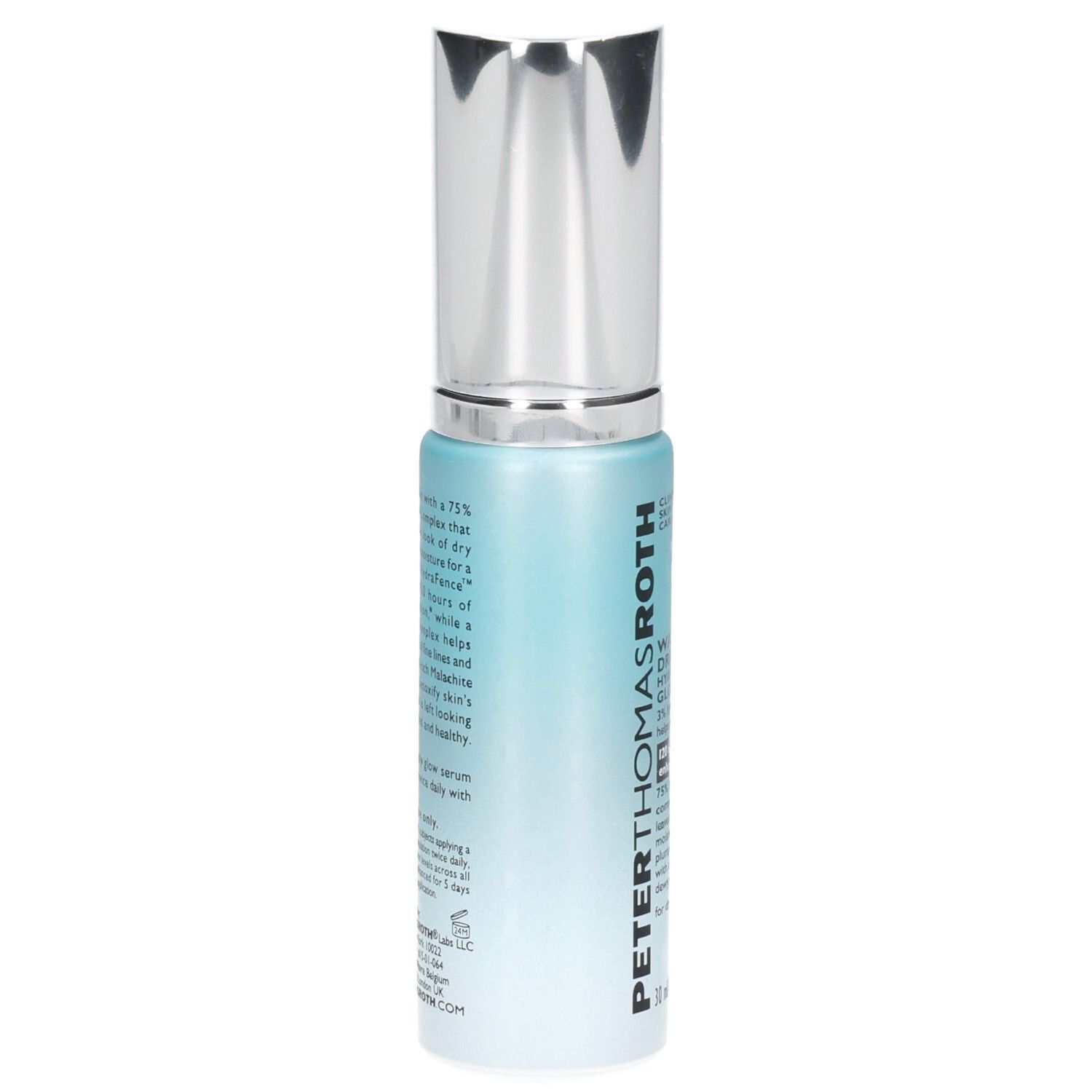 Siero Peter Thomas Roth Water Drench Hyaluronic Glow, retro del flacone con informazioni sul prodotto.