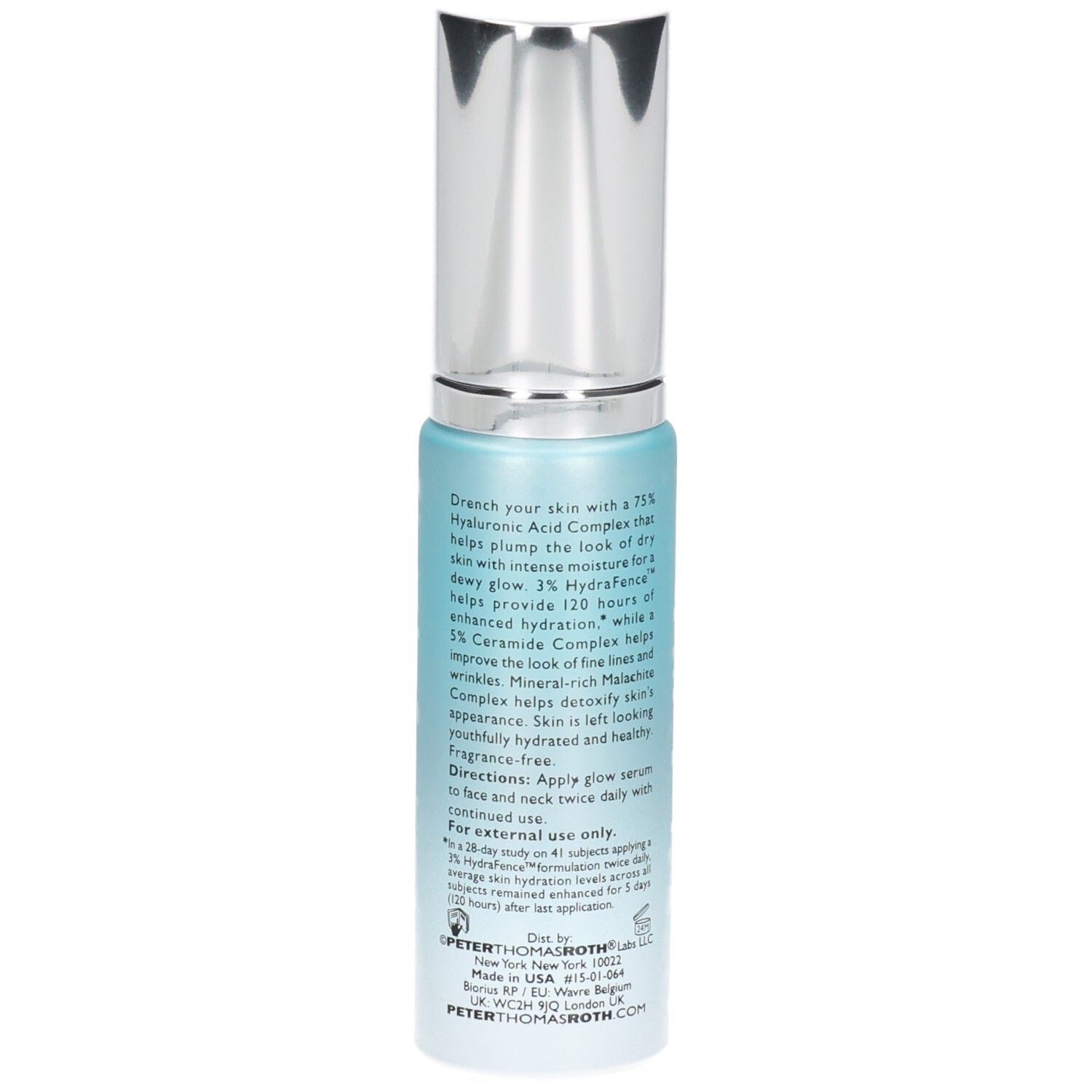 Siero Peter Thomas Roth Water Drench Hyaluronic Glow, retro del flacone con istruzioni per l'uso.