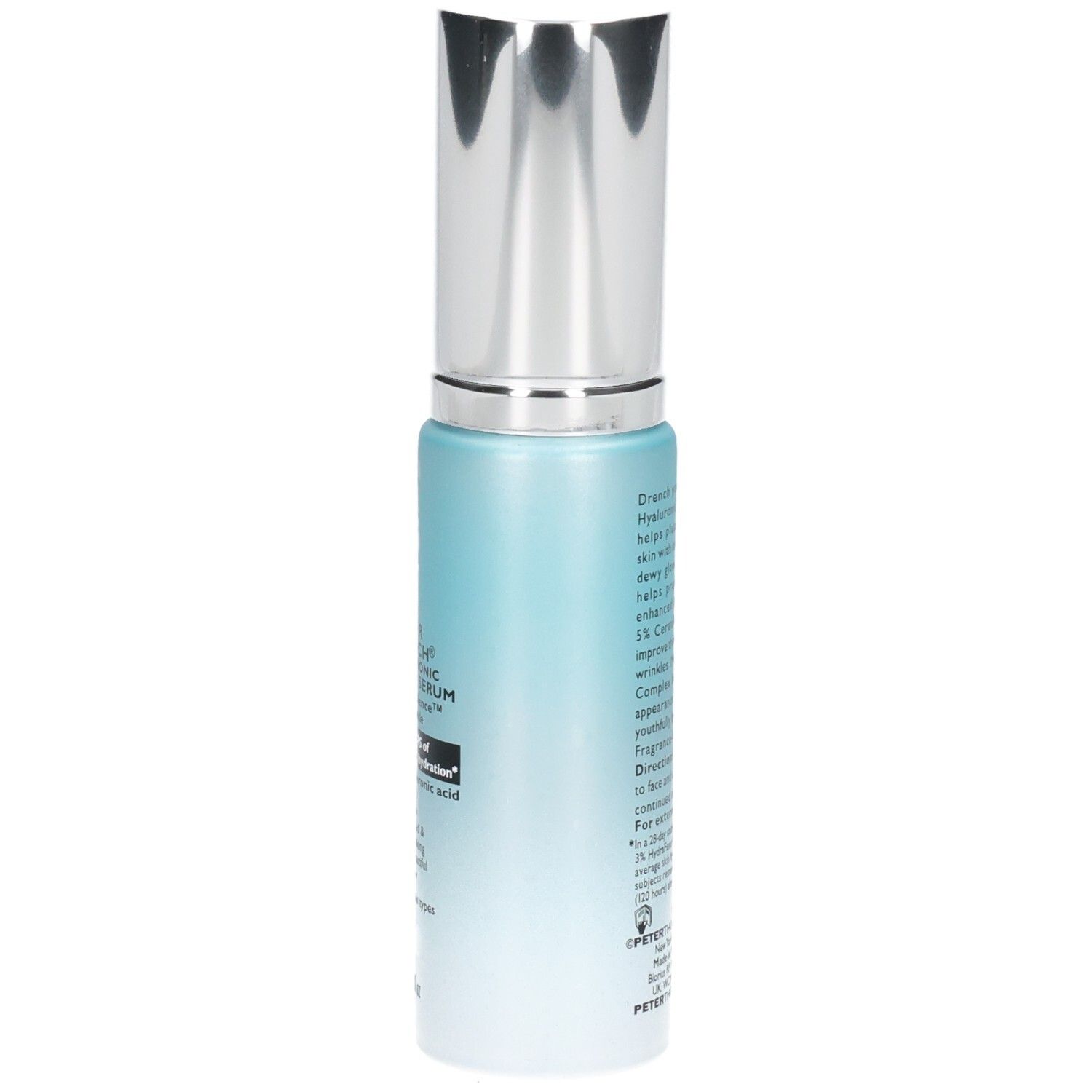 Siero Peter Thomas Roth Water Drench Hyaluronic Glow in flacone con erogatore, vista laterale.