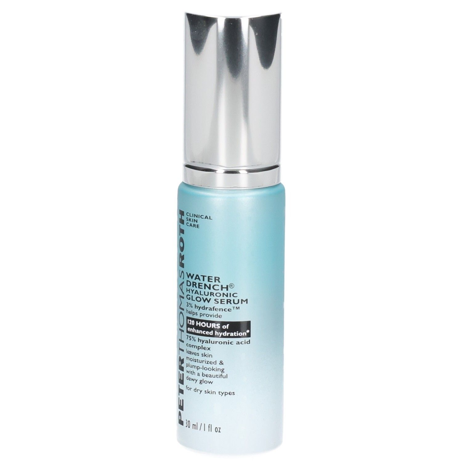 Siero Peter Thomas Roth Water Drench Hyaluronic Glow in flacone con erogatore, vista frontale.