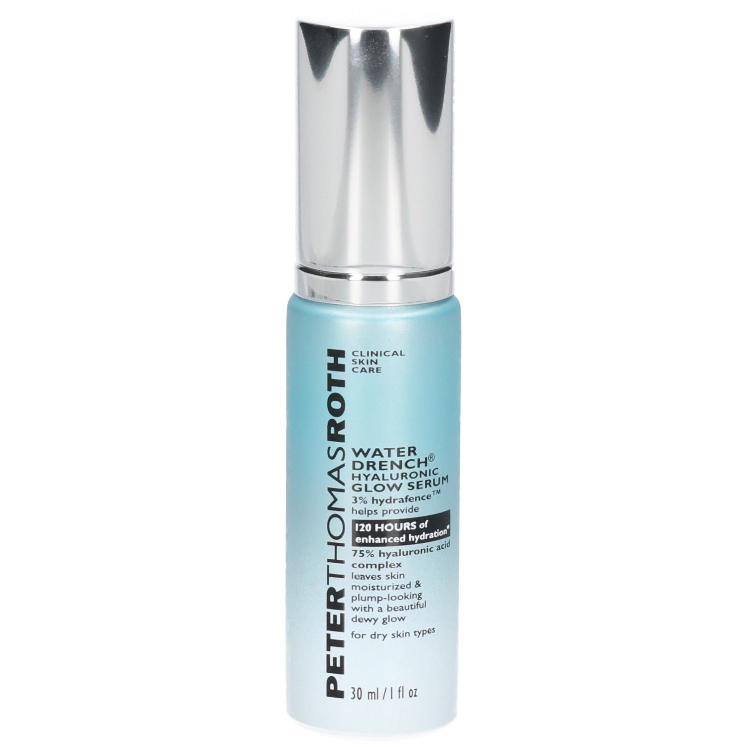 Siero Peter Thomas Roth Water Drench Hyaluronic Glow in flacone con erogatore, vista frontale.