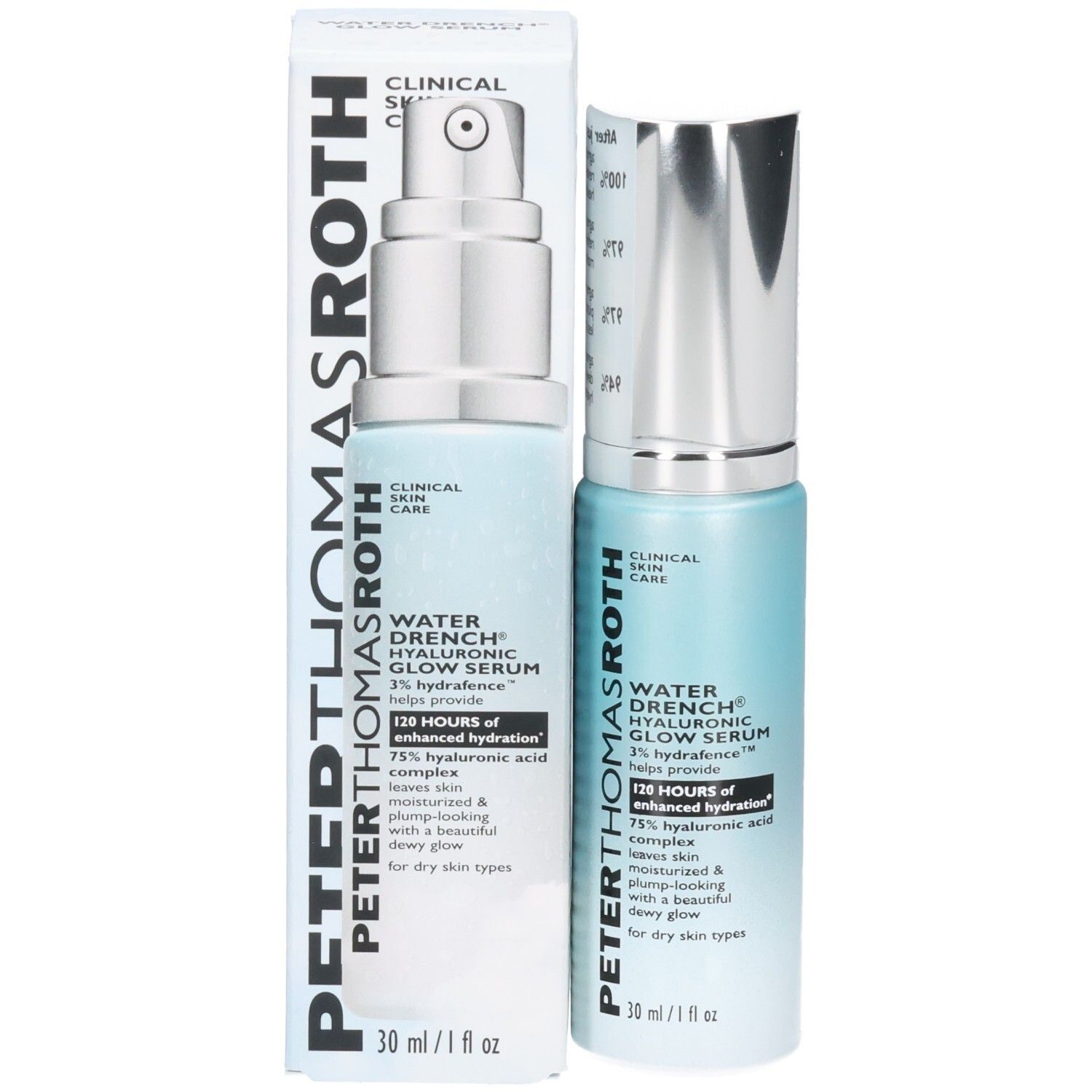 Siero Peter Thomas Roth Water Drench Hyaluronic Glow con confezione, vista frontale.