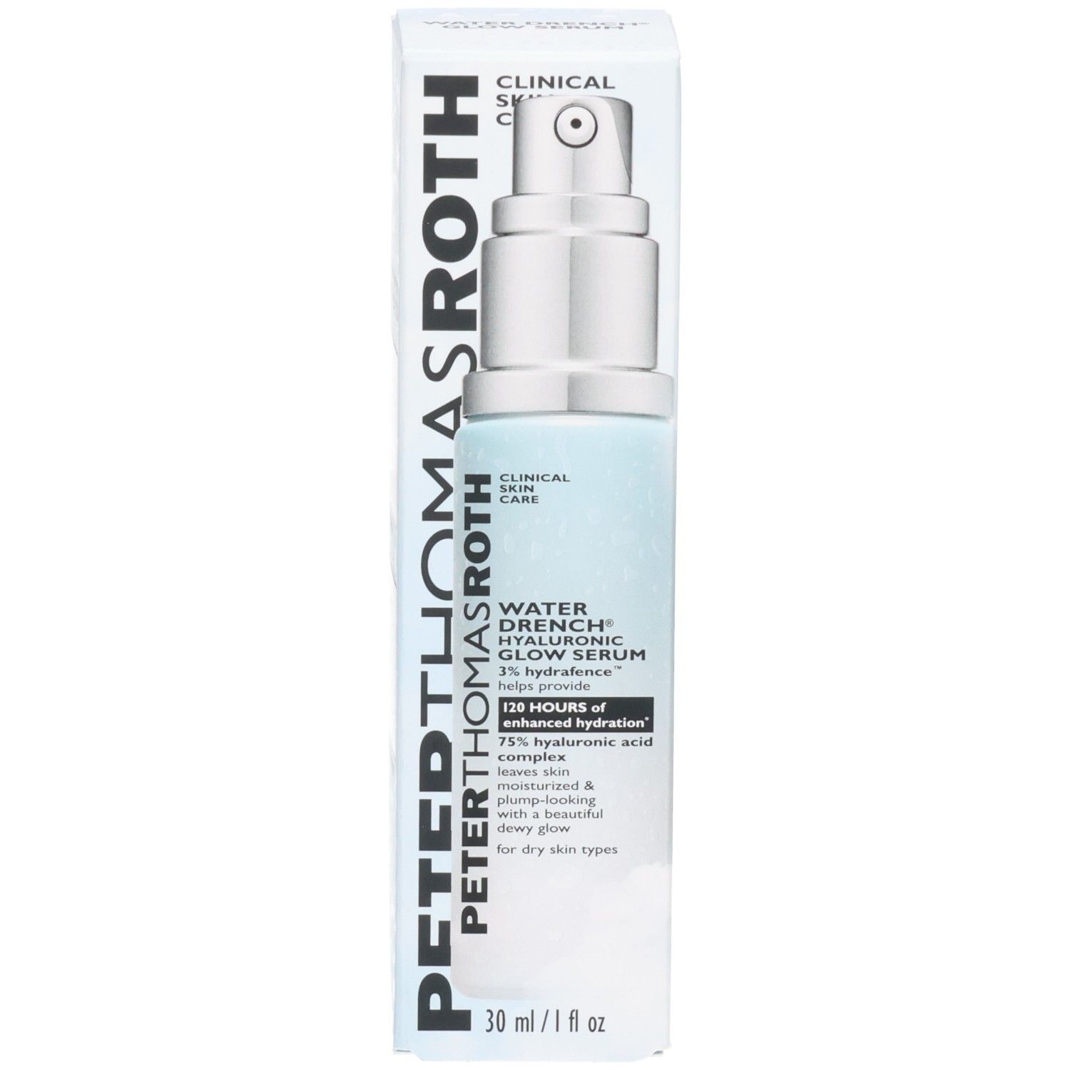 Siero Peter Thomas Roth Water Drench Hyaluronic Glow con confezione, vista frontale.