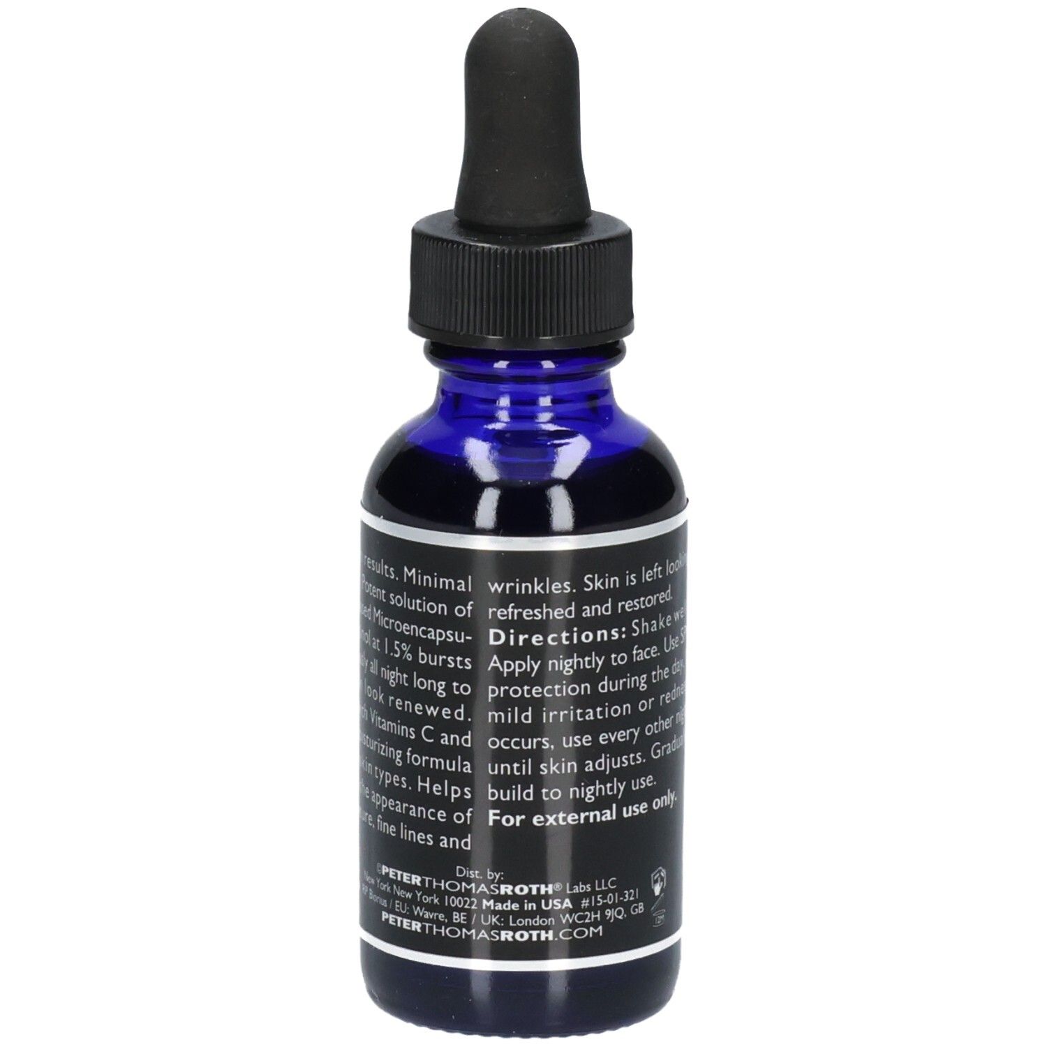 Flacone Peter Thomas Roth Retinol Fusion PM Night Serum con istruzioni d'uso dettagliate e informazioni sul prodotto.