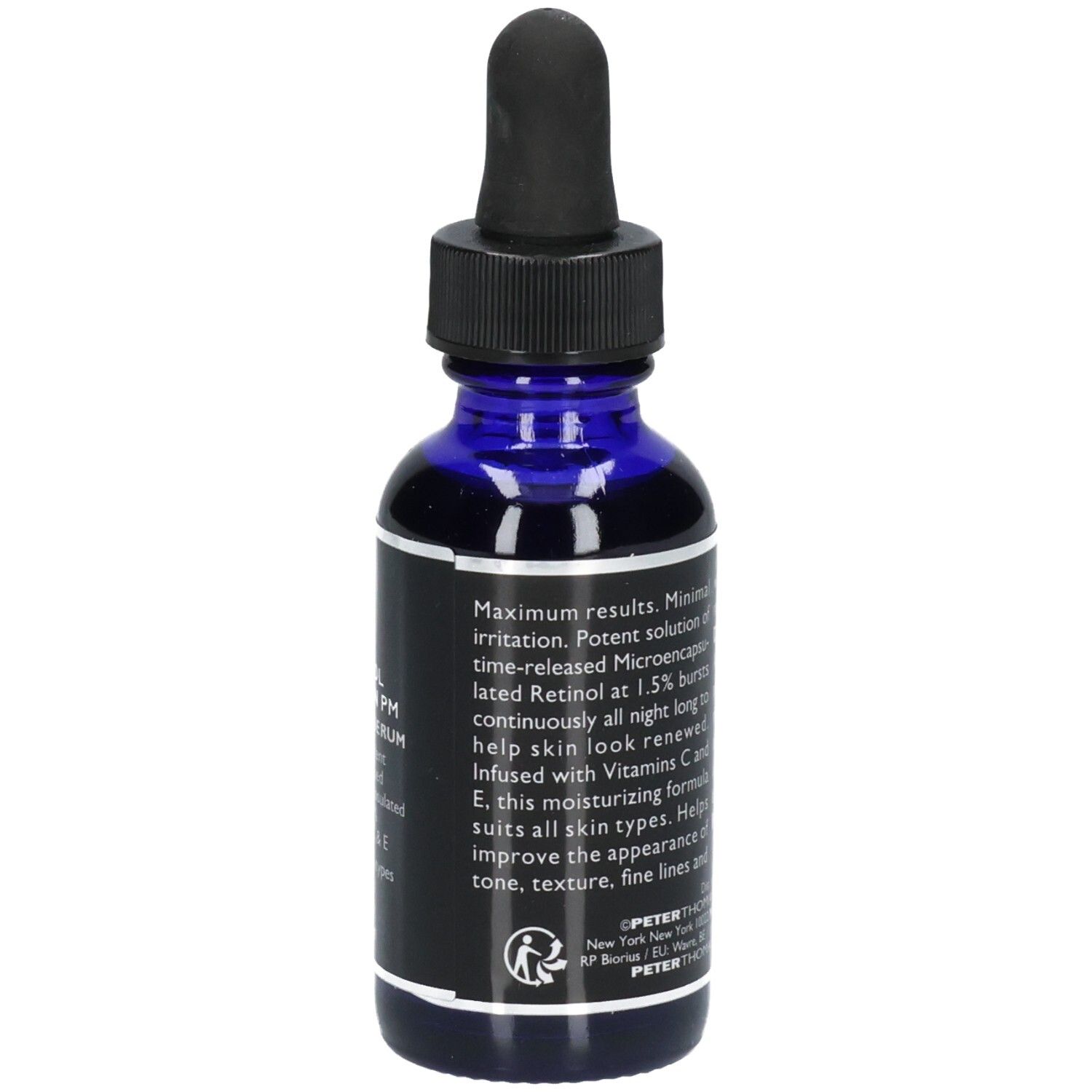 Flacone Peter Thomas Roth Retinol Fusion PM Night Serum focalizzato sulla concentrazione di retinolo e sui tipi di pelle.