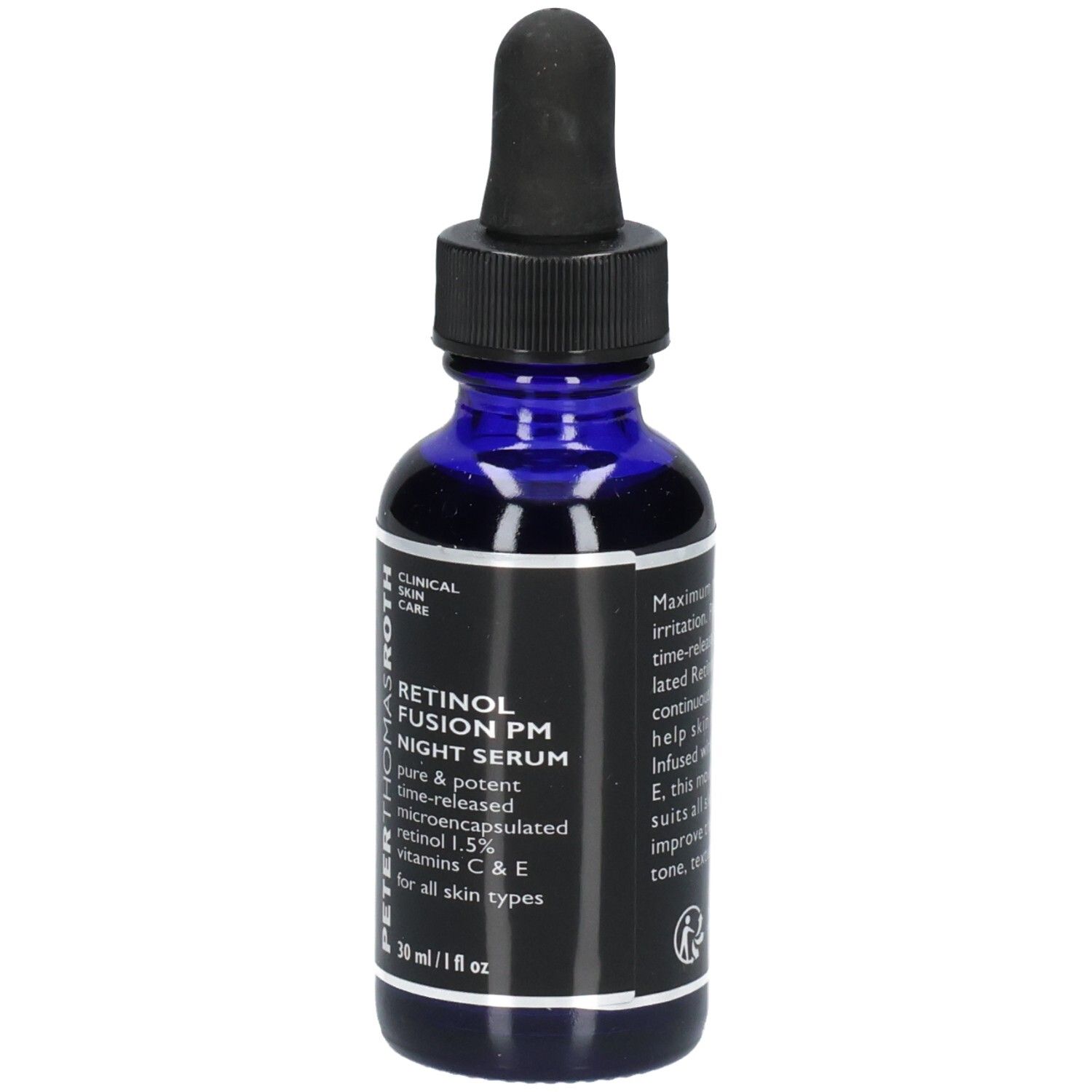 Siero notturno Retinol Fusion PM Peter Thomas Roth in flacone di vetro blu con contagocce, 30 ml / 1 fl oz.