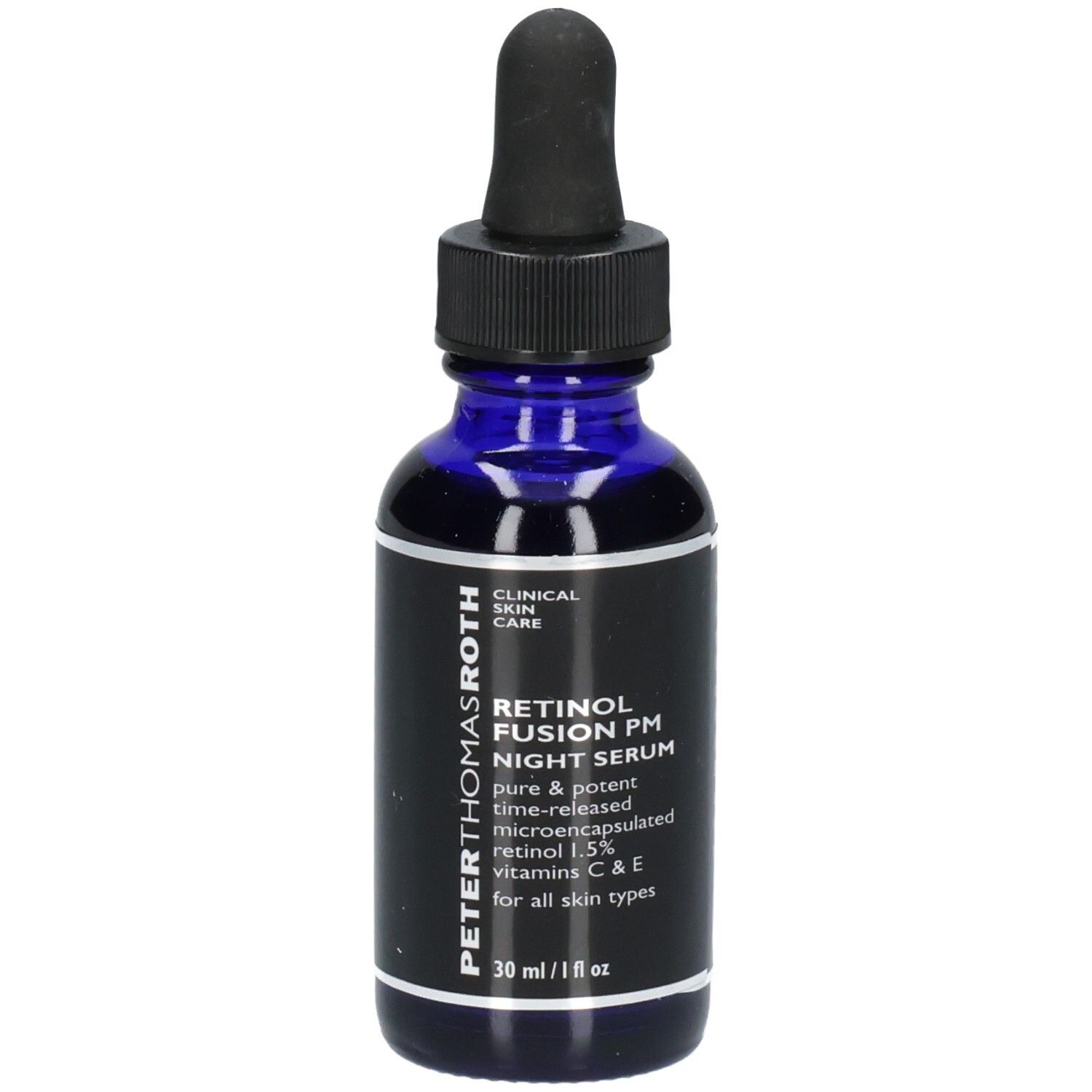 Siero notturno Retinol Fusion PM Peter Thomas Roth in flacone di vetro blu con contagocce, 30 ml / 1 fl oz.