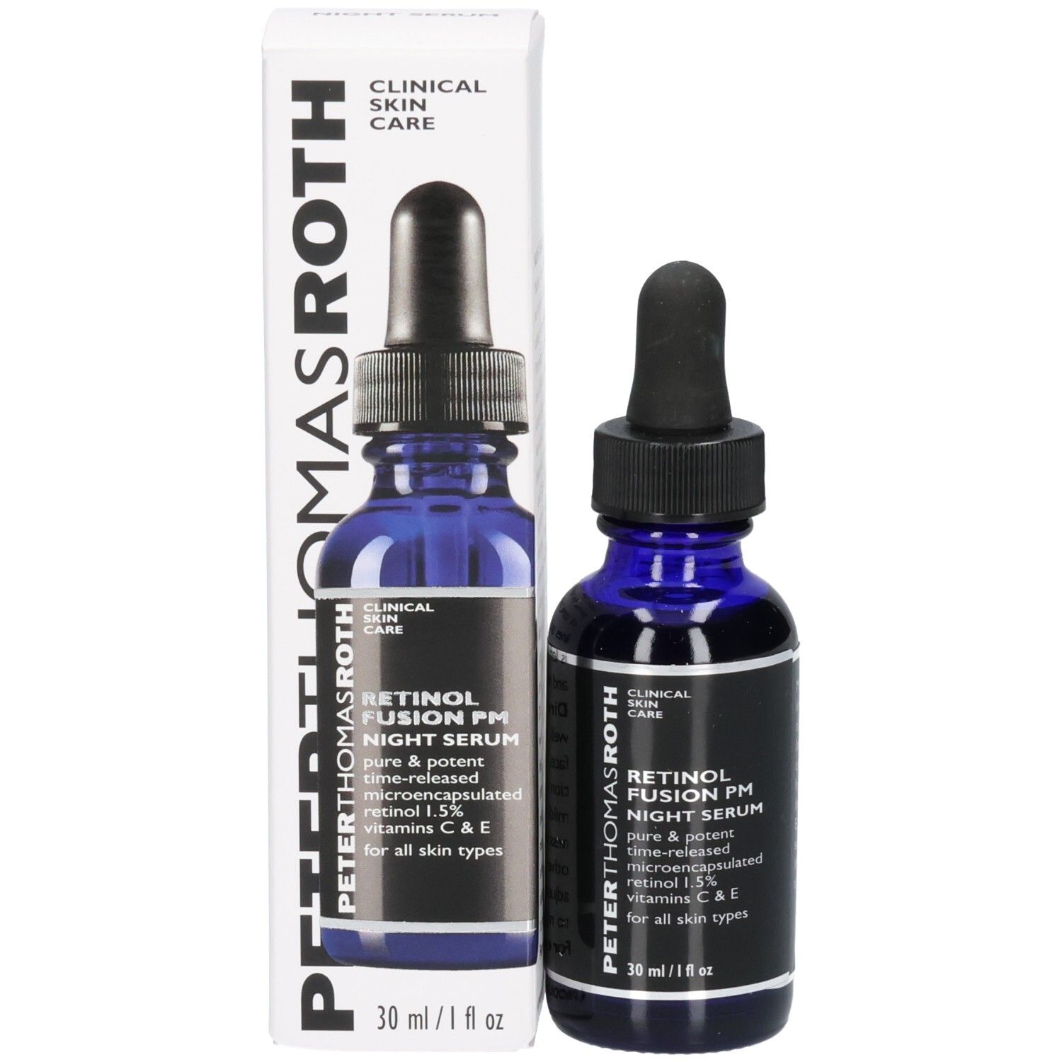 Flacone e scatola di imballaggio Peter Thomas Roth Retinol Fusion PM Night Serum, 30 ml / 1 fl oz.