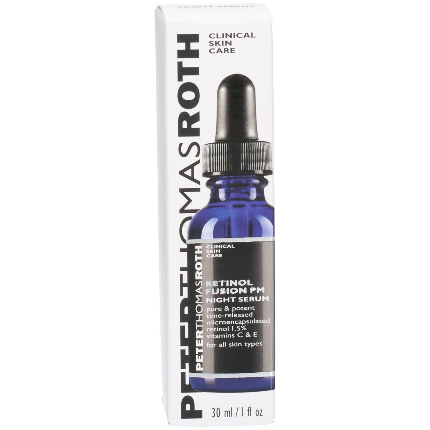 Flacone Peter Thomas Roth Retinol Fusion PM Night Serum nella sua scatola di imballaggio, 30 ml / 1 fl oz.