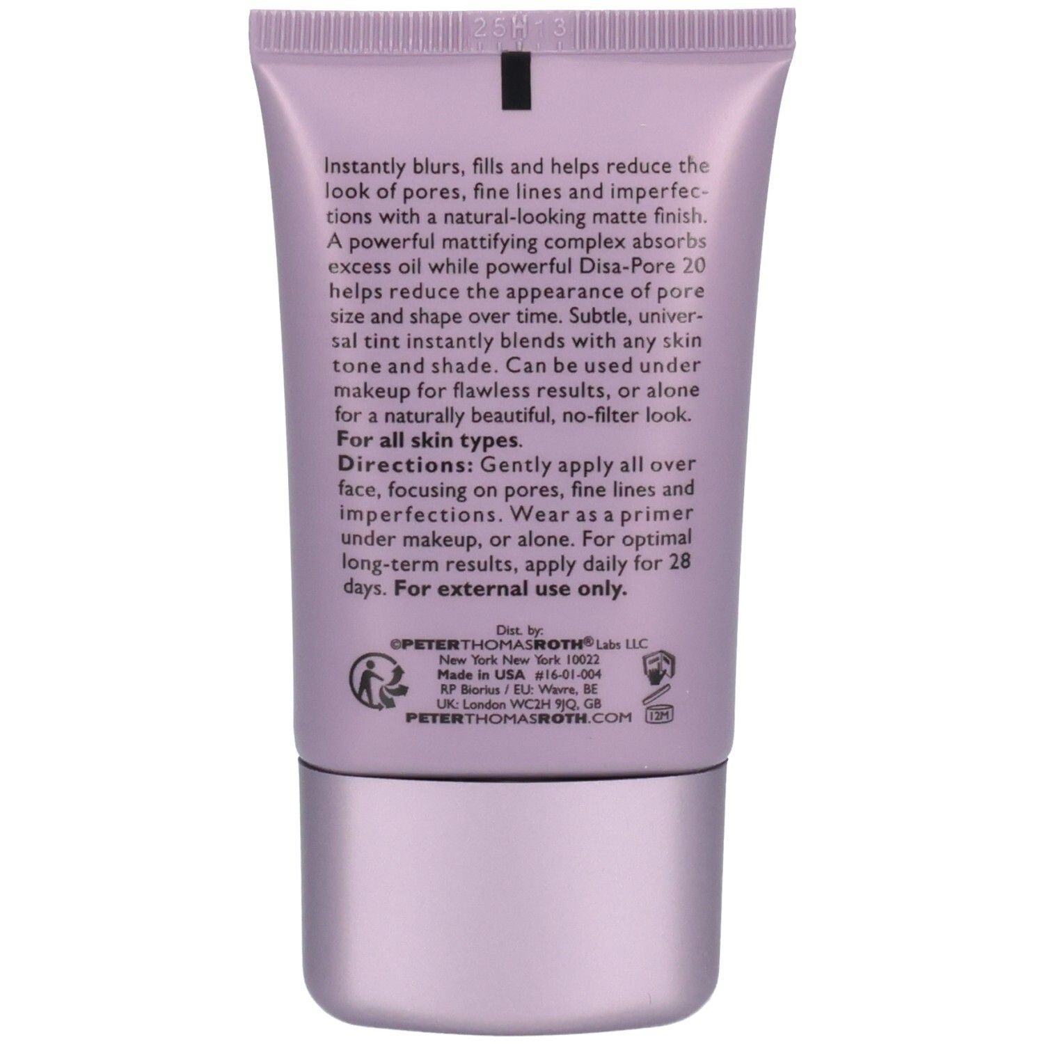 Retro del tubo Peter Thomas Roth Skin To Die For Mattifying Primer con informazioni sul prodotto.