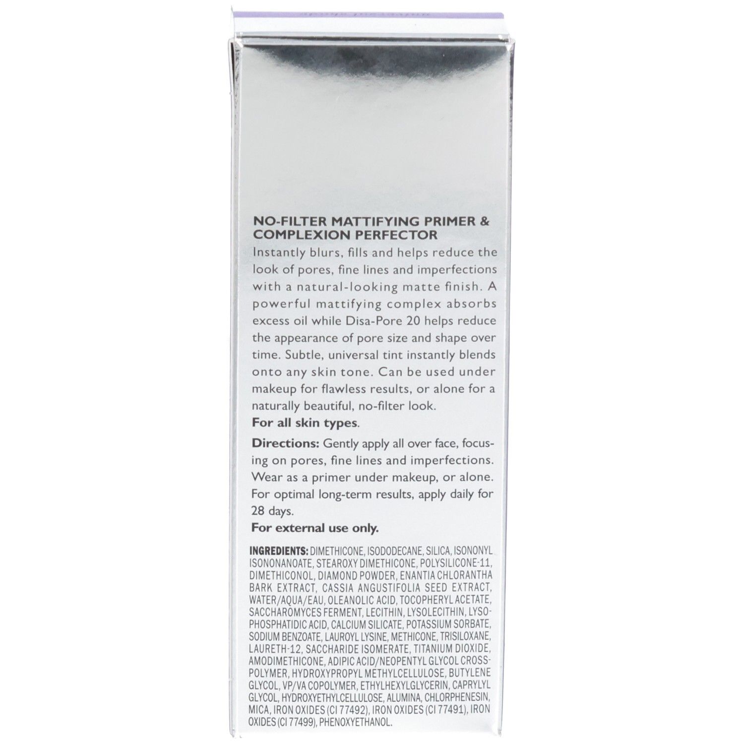 Retro della confezione Peter Thomas Roth Skin To Die For Mattifying Primer con informazioni sul prodotto.
