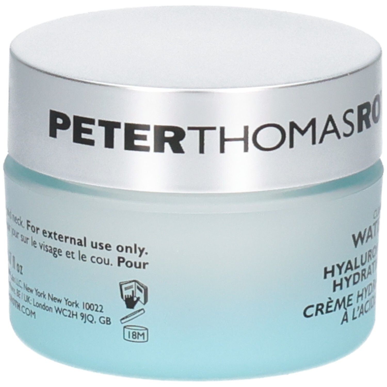 Crema idratante Peter Thomas Roth Water Drench Hyaluronic Cloud Cream, retro con istruzioni per l'uso.