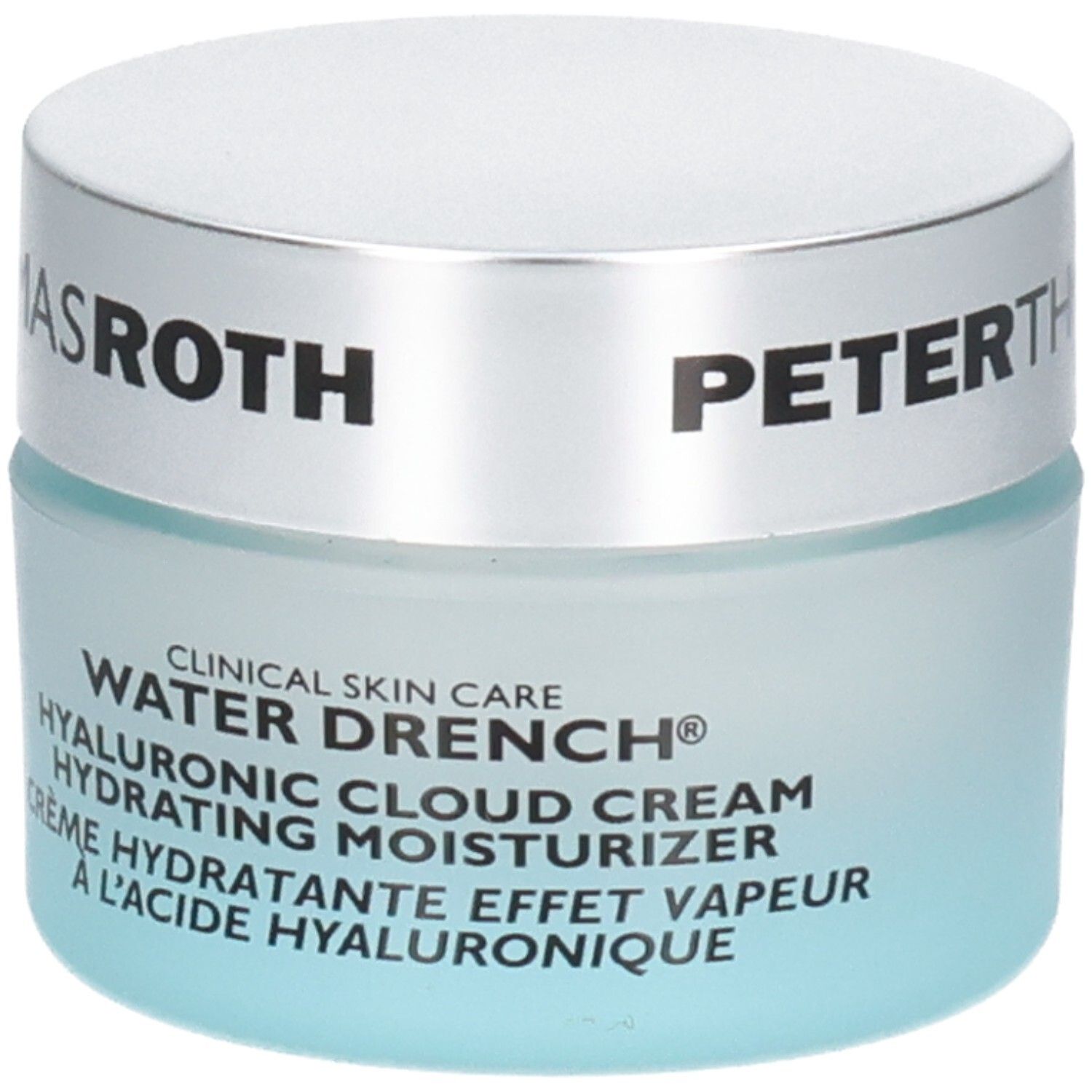 Crema idratante Peter Thomas Roth Water Drench Hyaluronic Cloud Cream, vasetto in vetro con coperchio argentato.