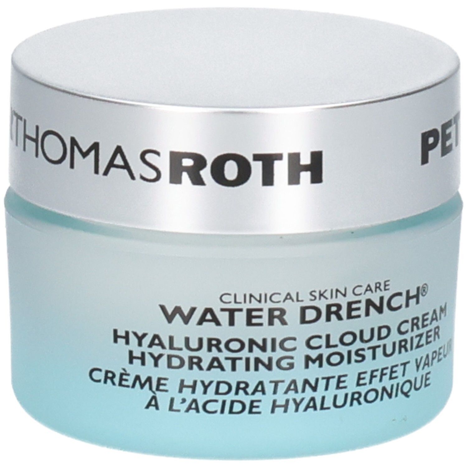 Crema idratante Peter Thomas Roth Water Drench Hyaluronic Cloud Cream, vasetto in vetro con coperchio argentato.