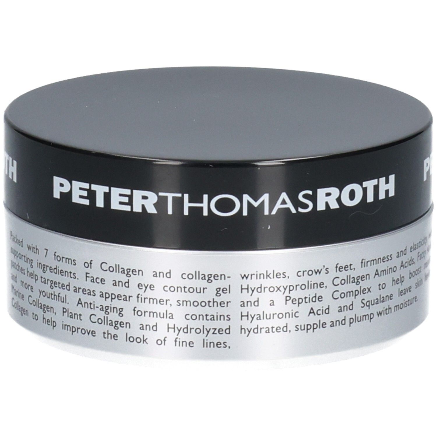 Vasetto Peter Thomas Roth con patch occhi rassodanti al collagene, testo sull'elasticità della pelle.