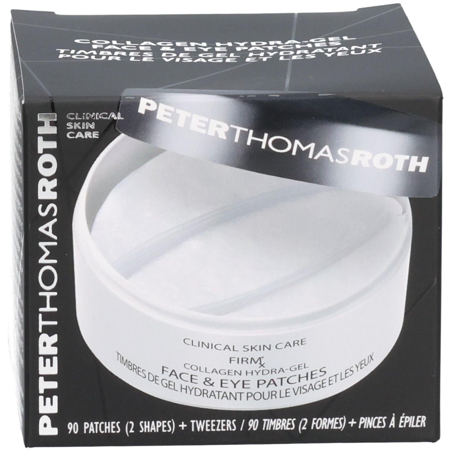 Scatola Peter Thomas Roth con 90 patch occhi Collagen Hydra-Gel e pinzetta.
